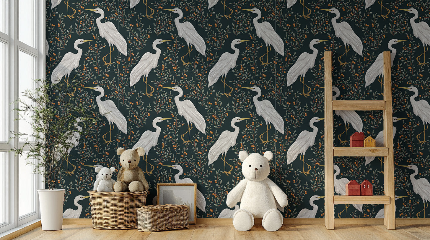 Bird and cranberry plant wallpaper mural