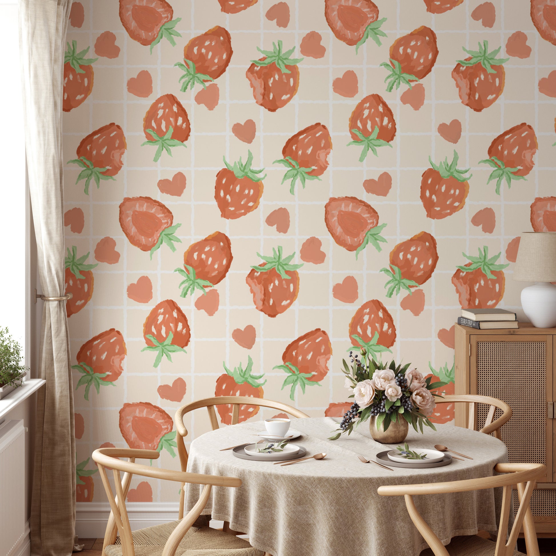 Sophisticated heartful strawberries wallpaper for modern interiors.
