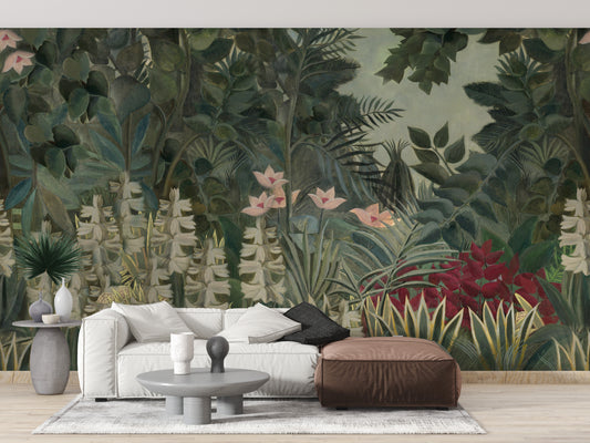 Green watercolor forest wallpaper mural
