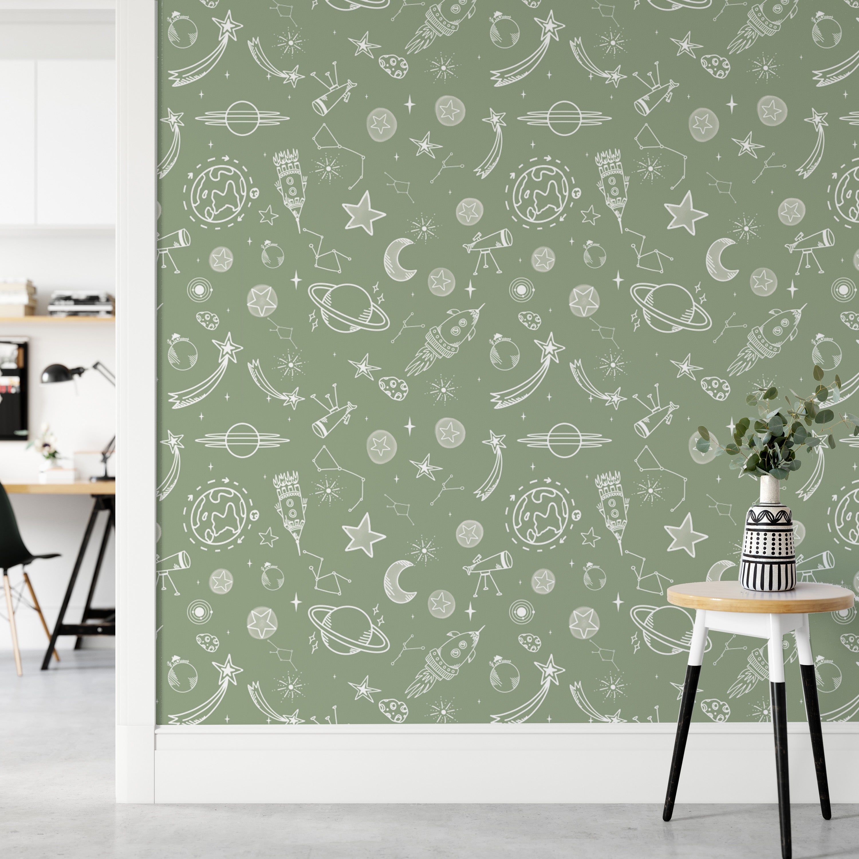 Space Voyage Green Kids Wallpaper for a galactic room