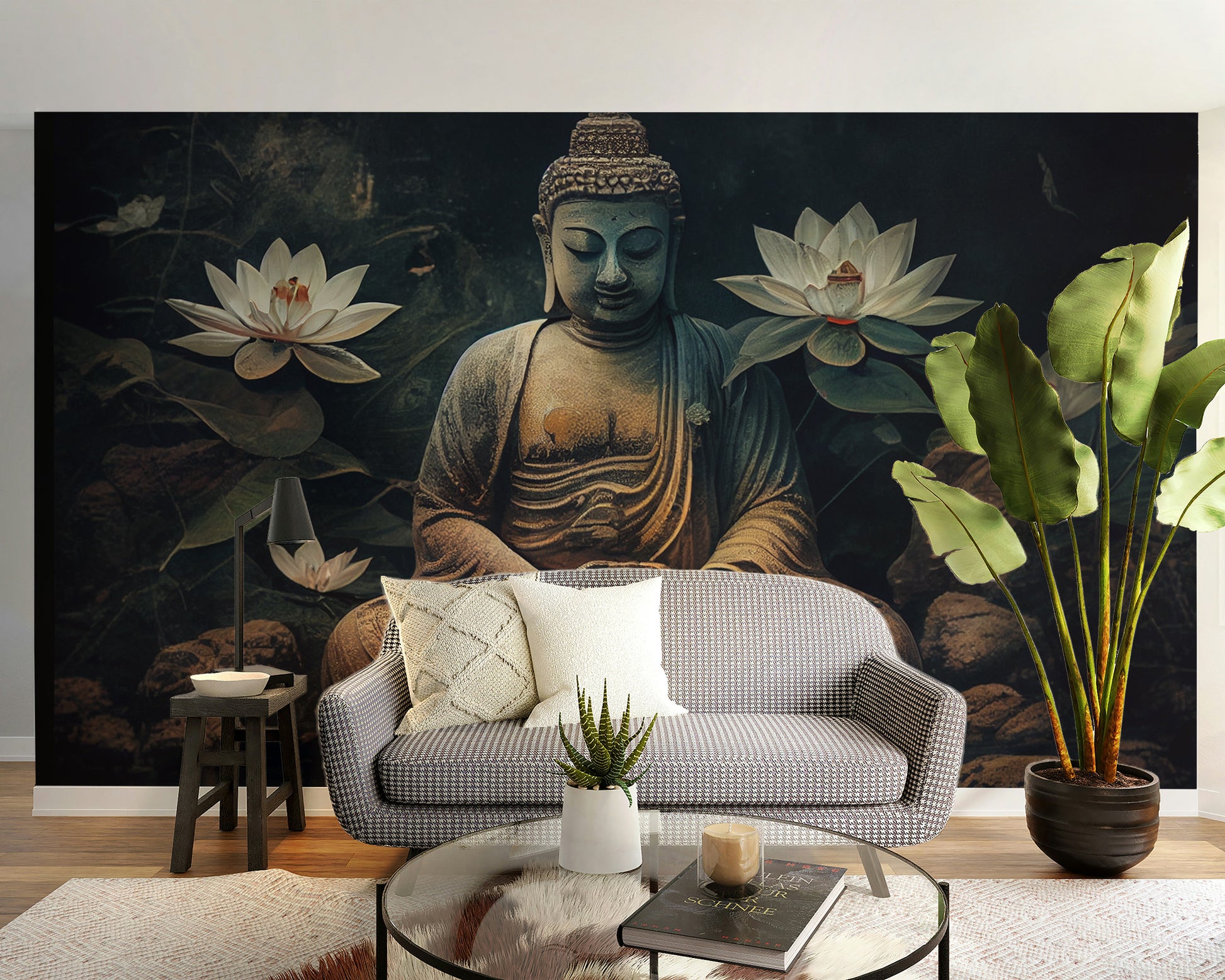 Zen Buddha mural and lotus wallpaper
