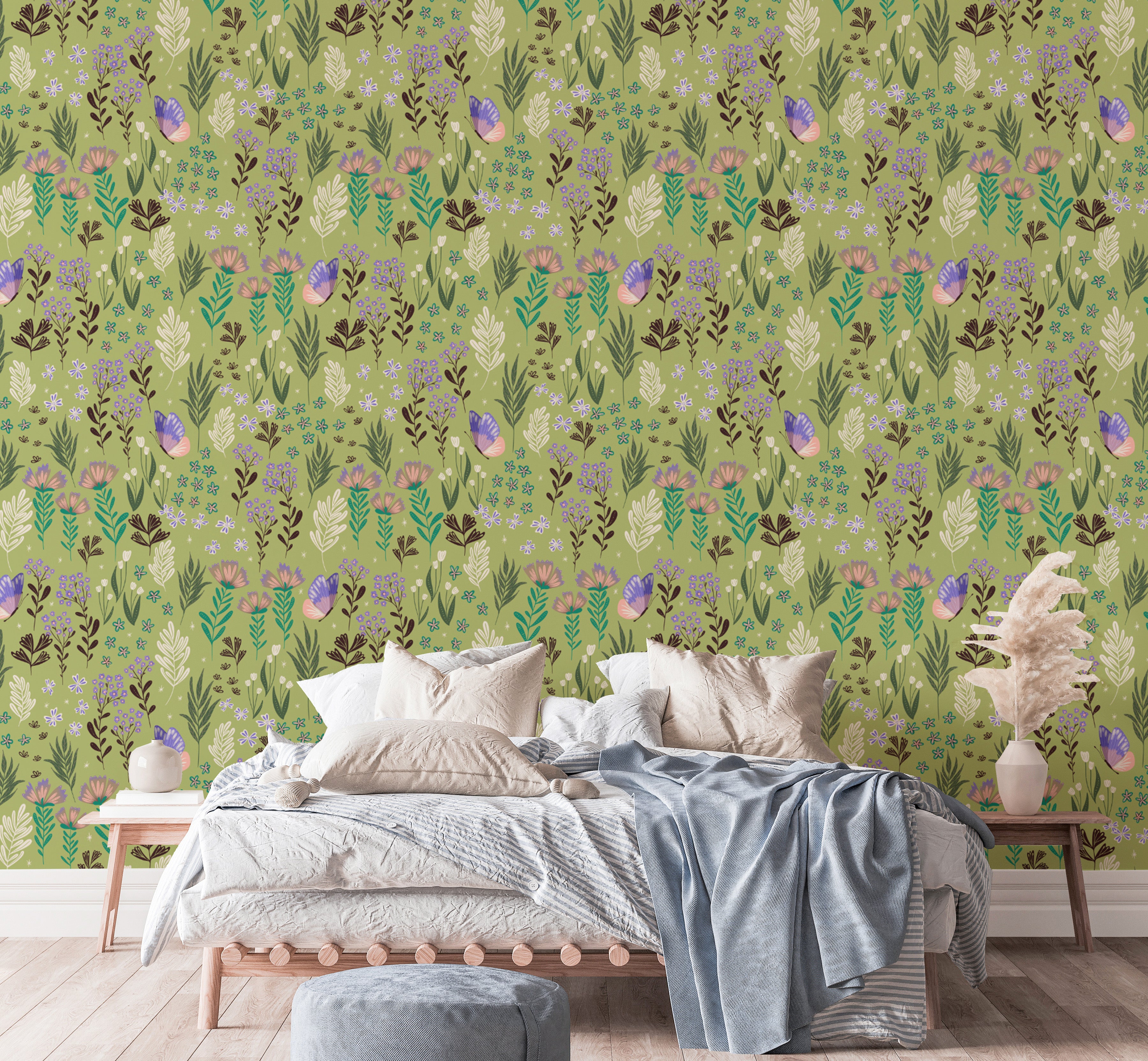 Delicate butterfly meadow wallpaper with refreshing green shades.
