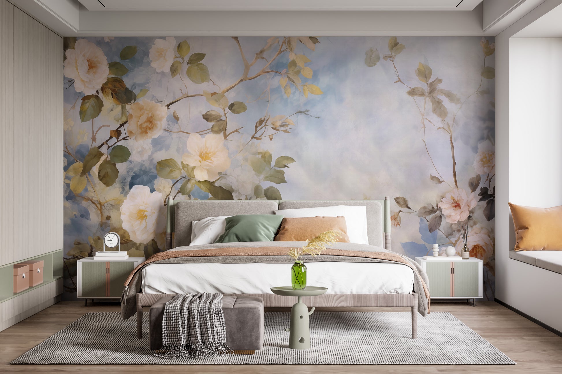 Elegant white roses blue sky wallpaper murals for a peaceful, airy ambiance.
