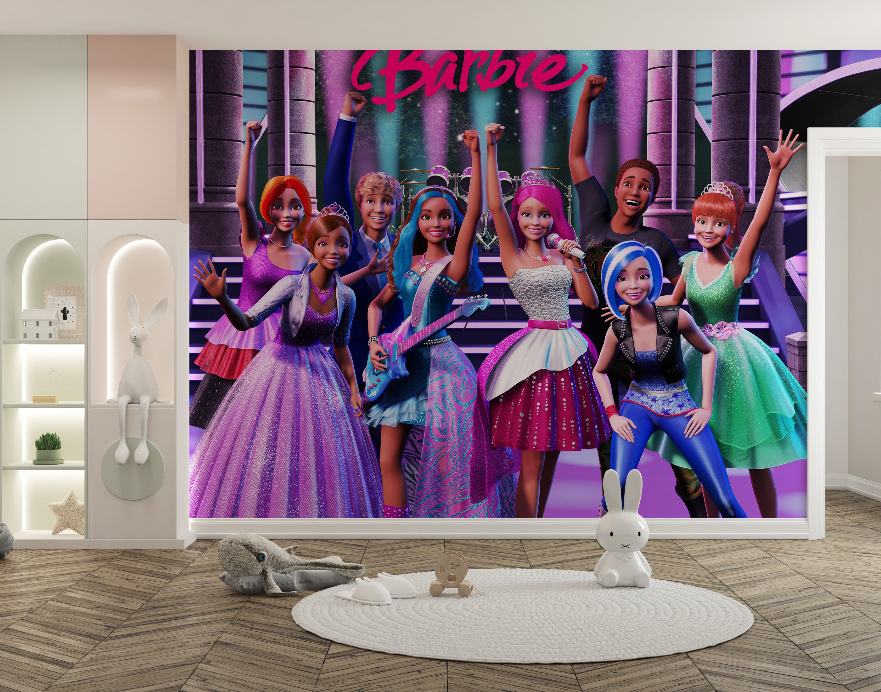 Barbie-themed mural featuring her in a dazzling rockstar outfit
