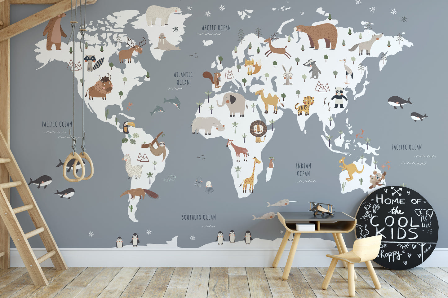 Animal-themed world map wallpaper for toddlers
