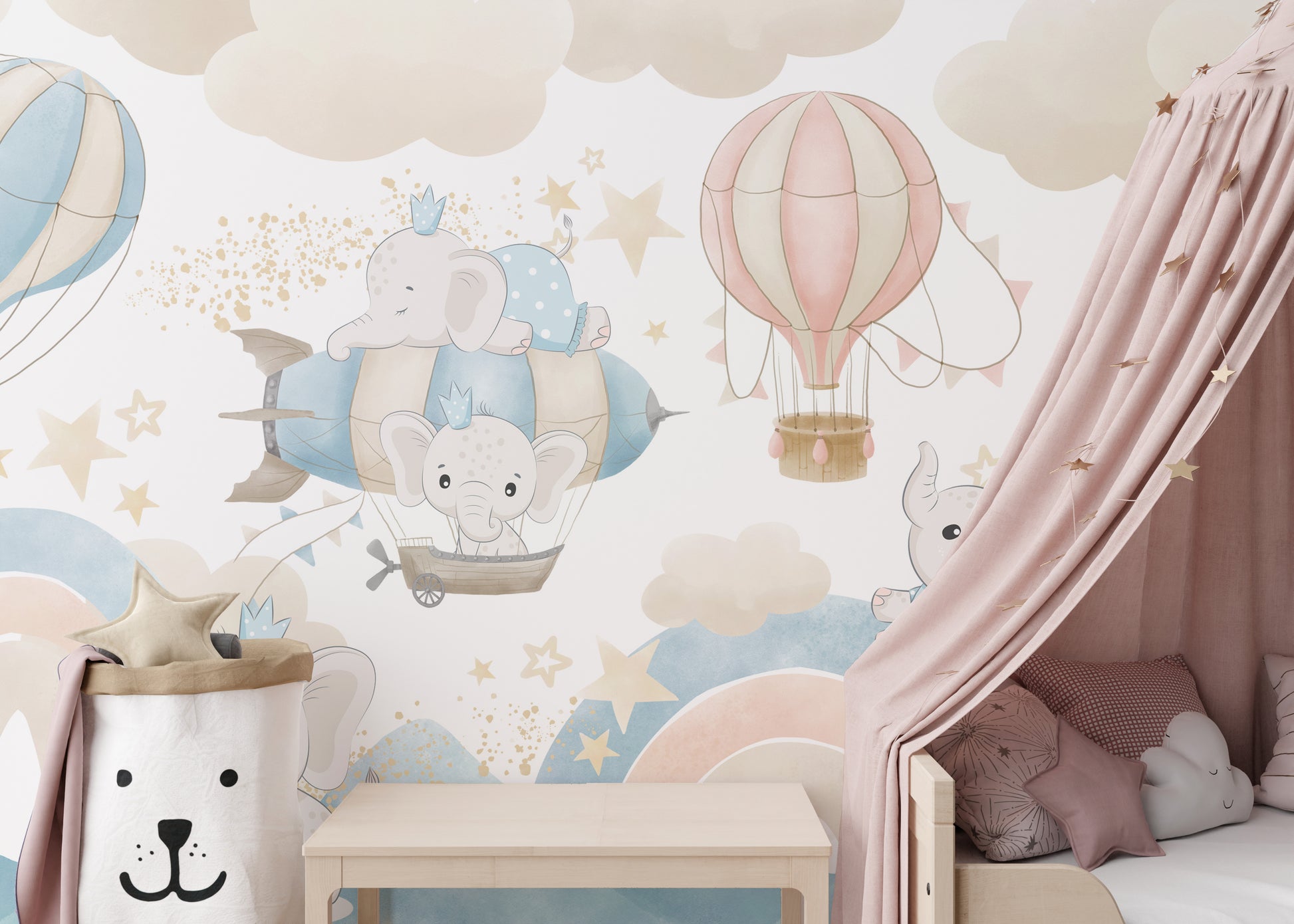 Dreamy Baby Elephant Sky Adventure Mural for children