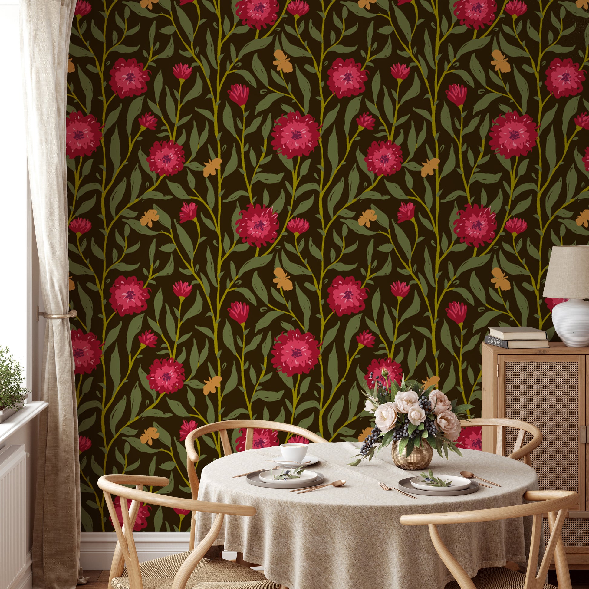 Sophisticated spring trellis wallpaper in dark magenta for chic decor.
