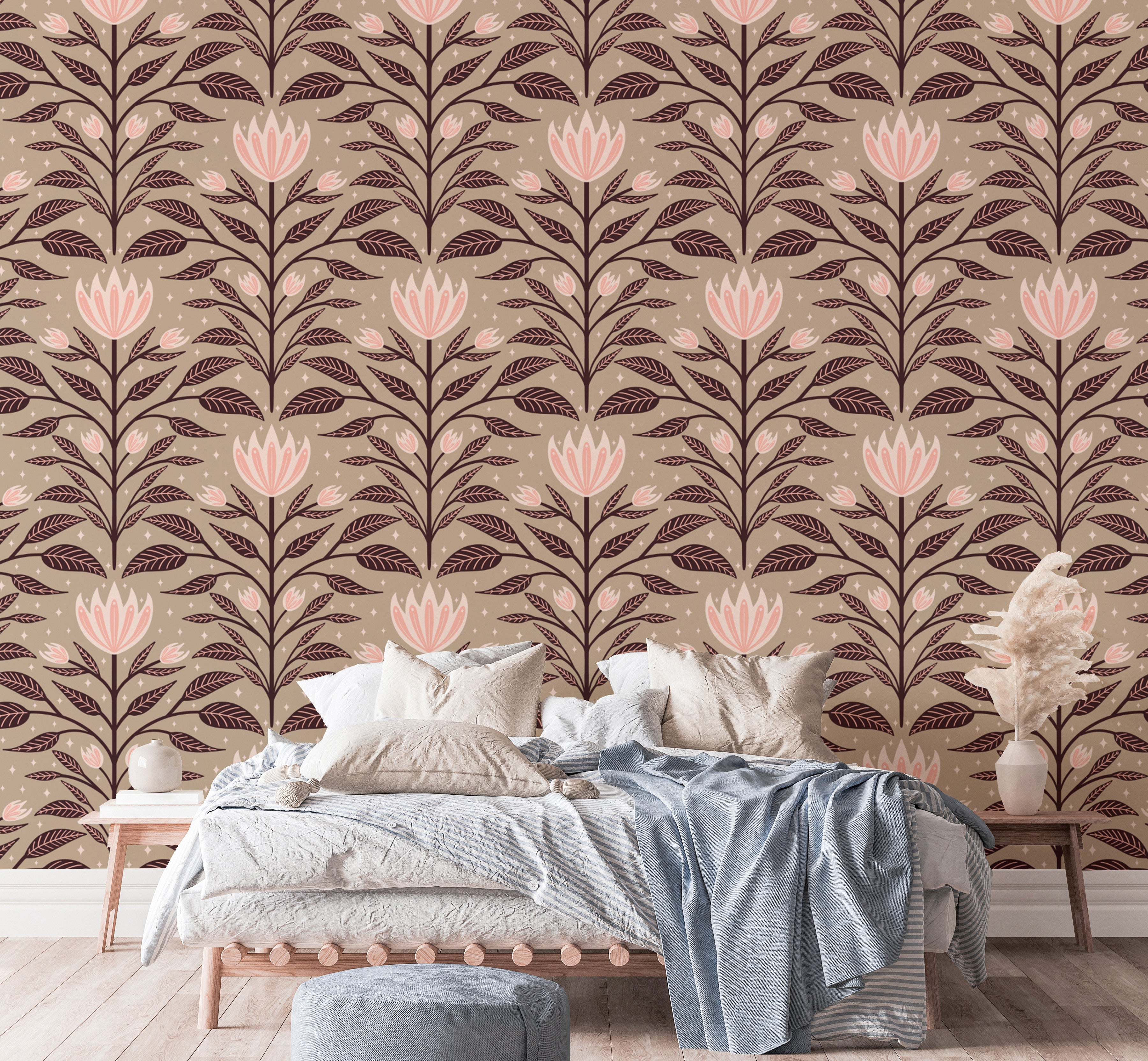 Artistic wall mural with striking diamond bloom motifs.
