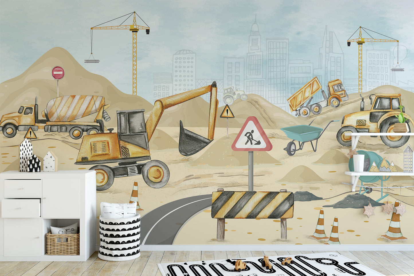 Kids construction site mural for playrooms
