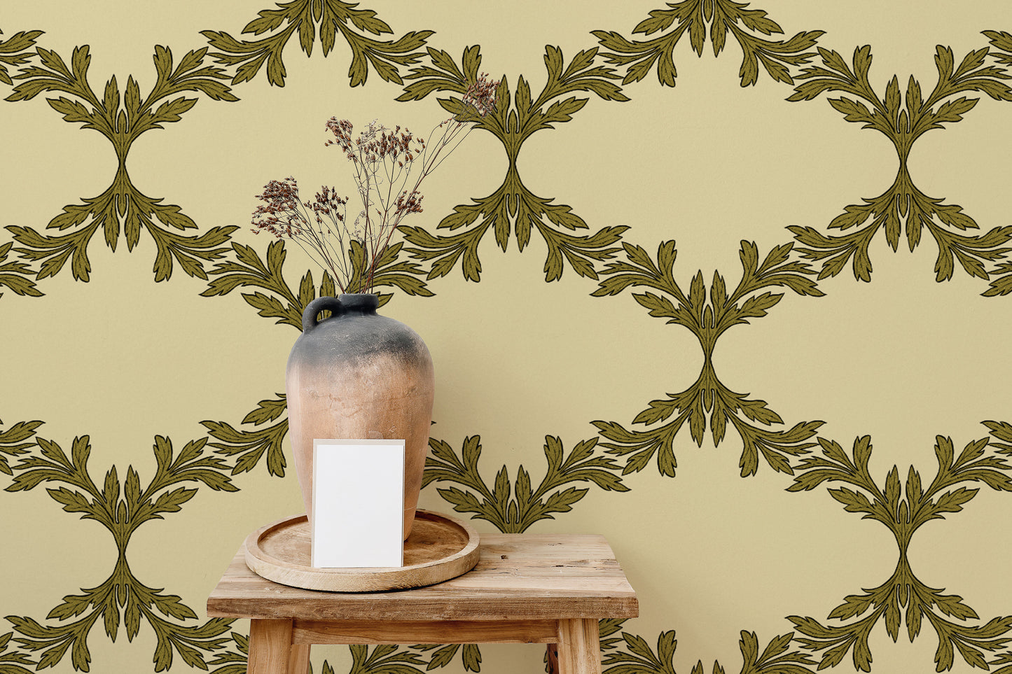 Nature-inspired wallpaper with intricate brown motifs.