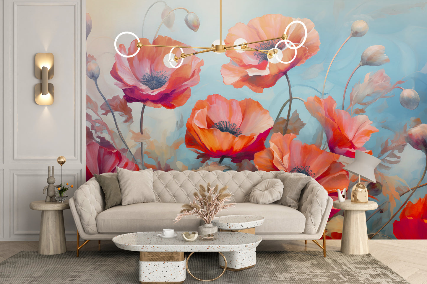 Refresh your walls with the beauty of wild poppies red and blue flower wallpaper.