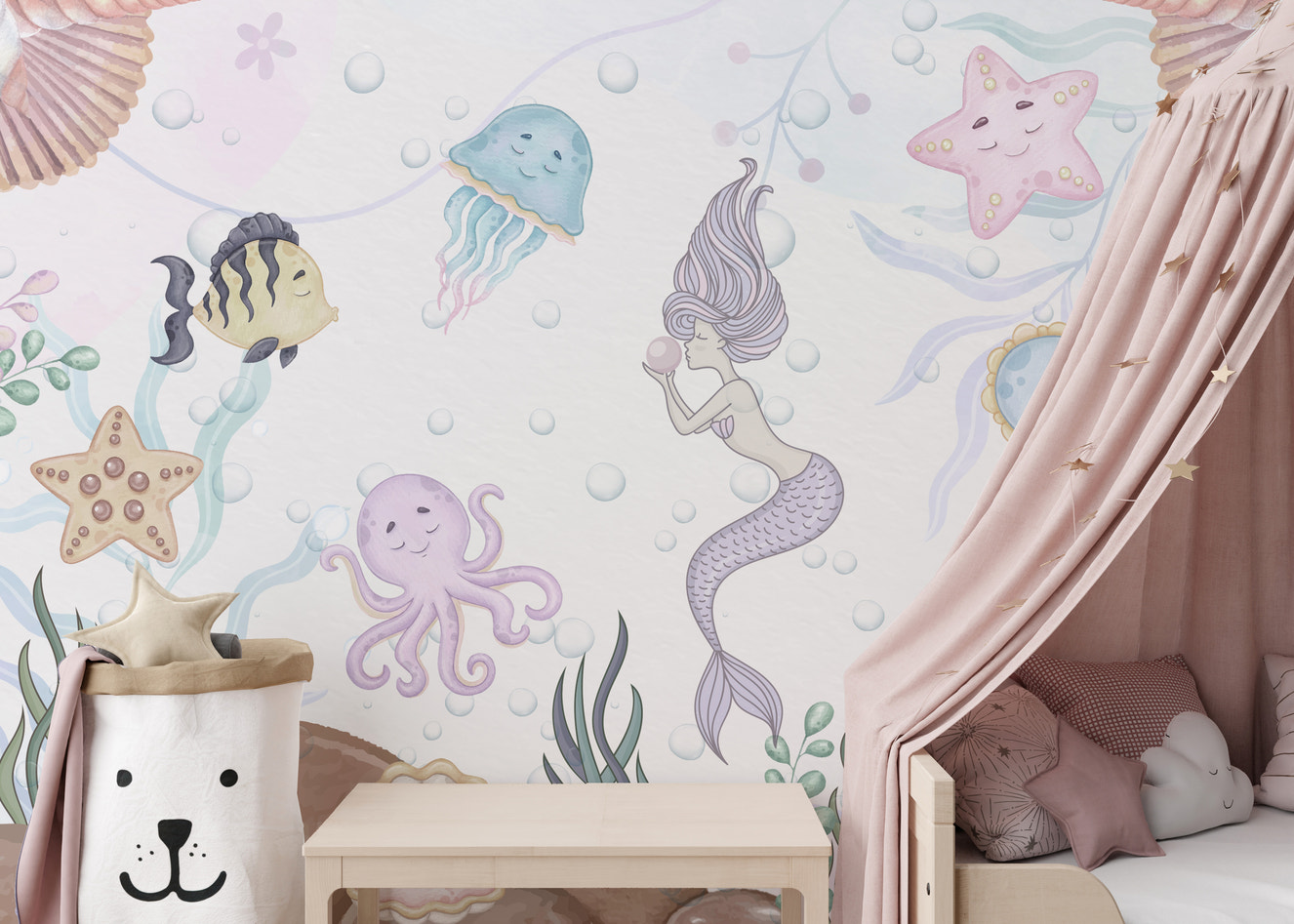 Aquatic Playland wallpaper mural with playful underwater scenes