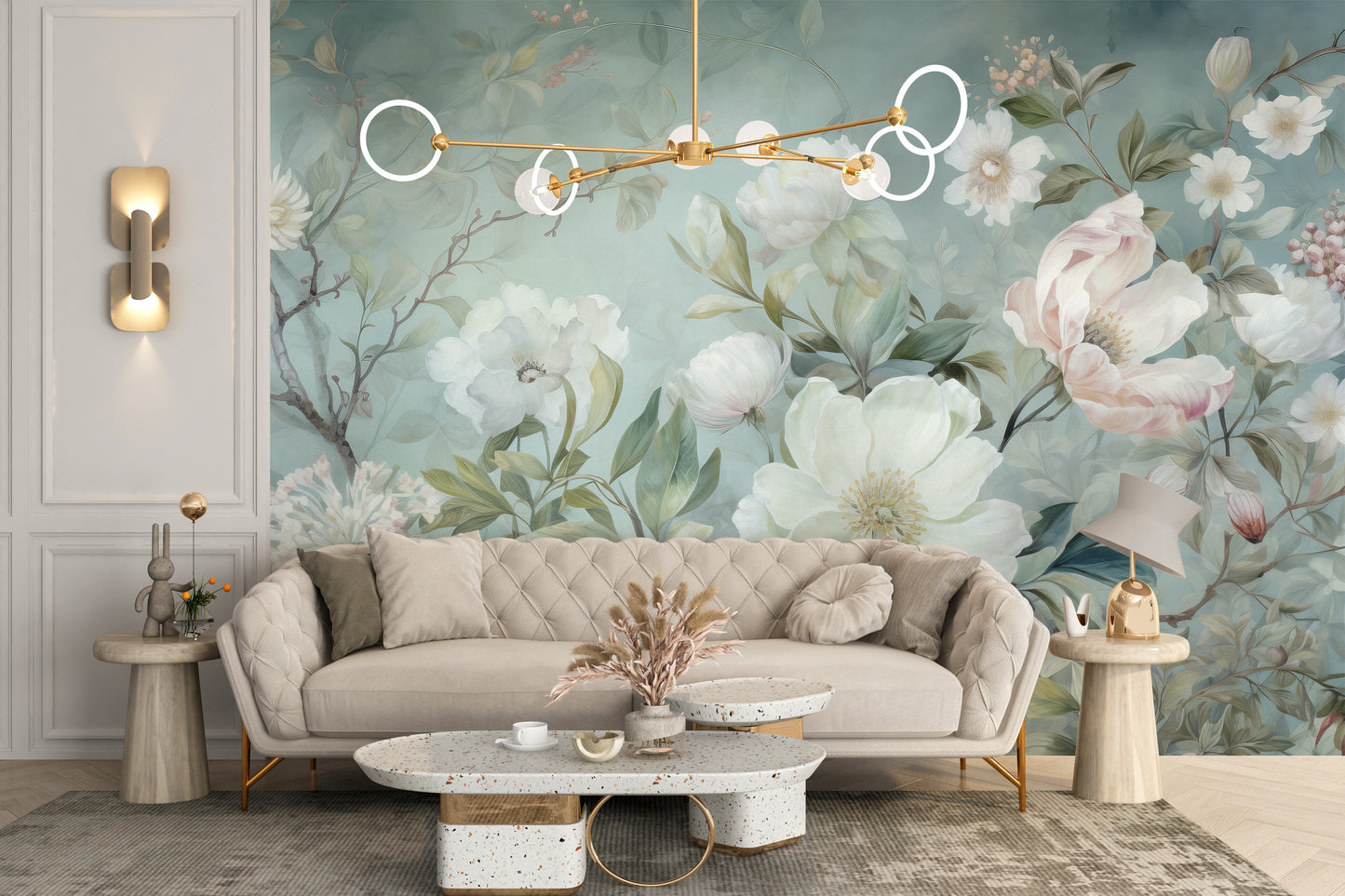 Blossom green floral mural wallpaper for a vibrant, lively home decor.