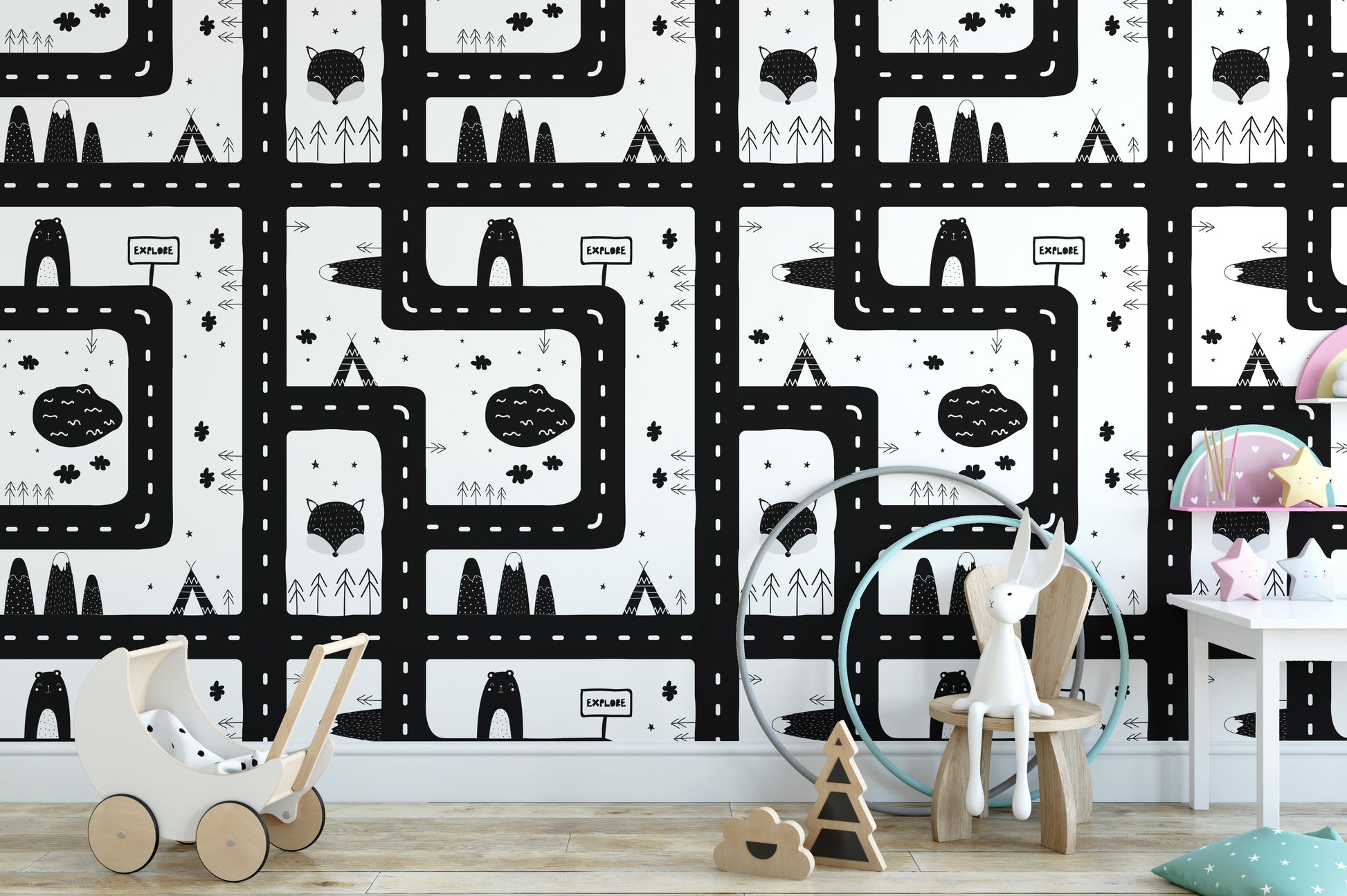 City-themed black and white mural wallpaper.