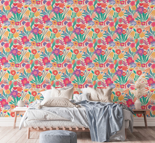 Vibrant exotic blooms wallpaper mural with bold floral designs.
