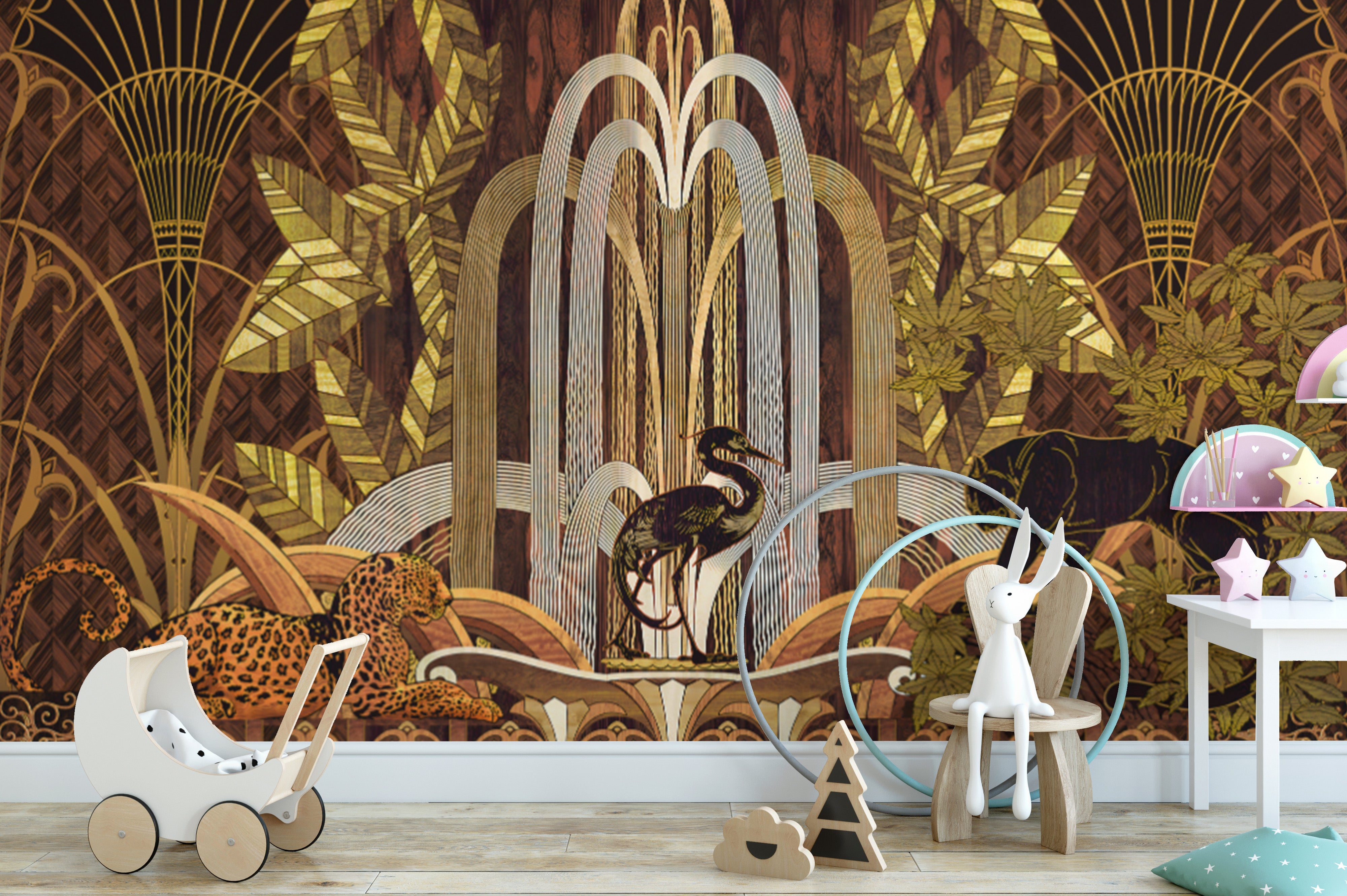 Tropical-inspired Art Deco wall mural featuring wildlife and golden details
