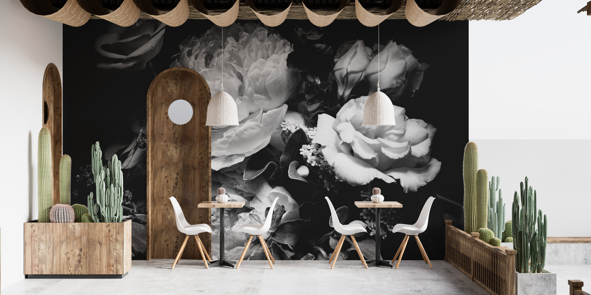 Sophisticated Black and White Rose Mural
