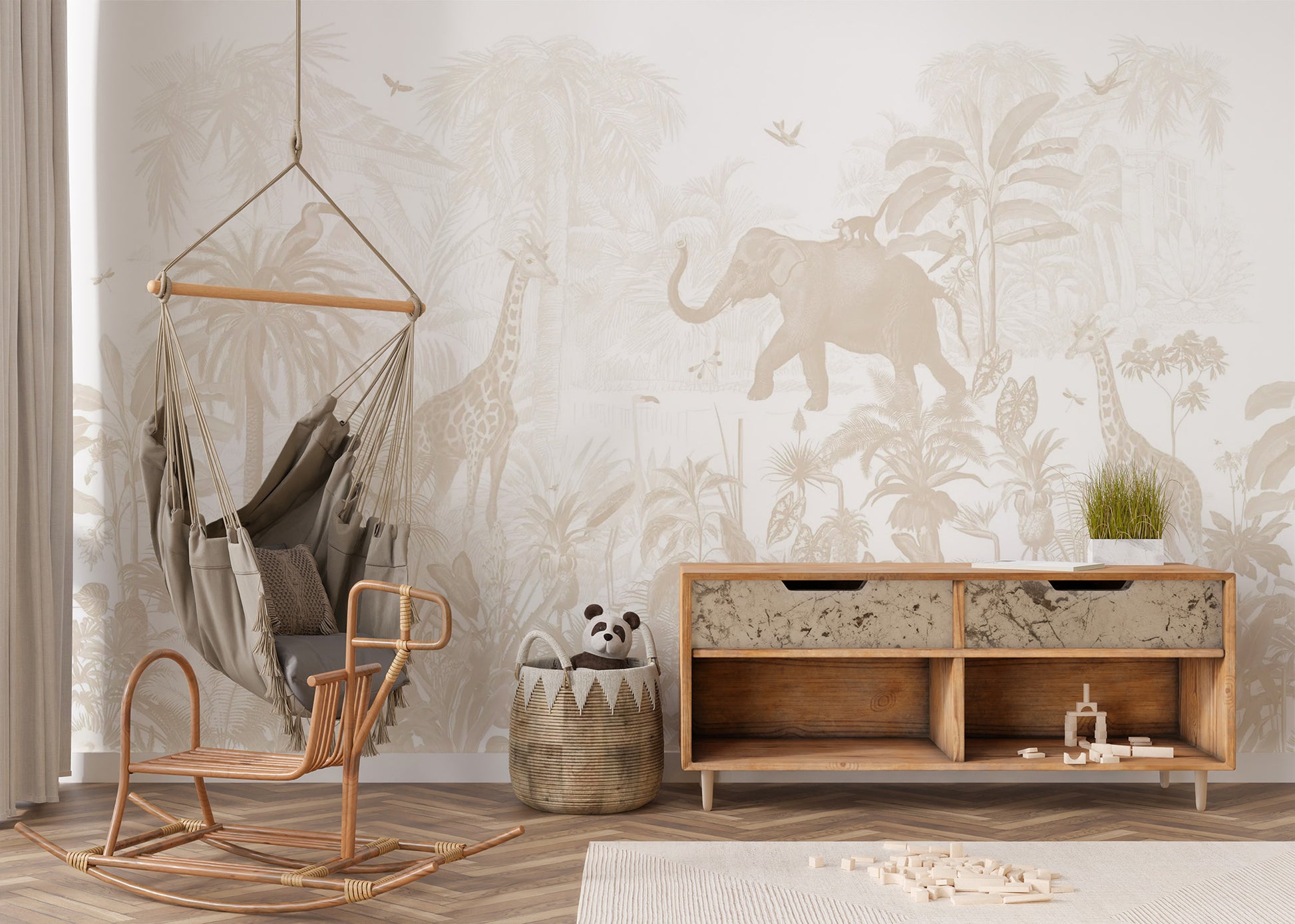 Beige jungle wallpaper for nursery decor
