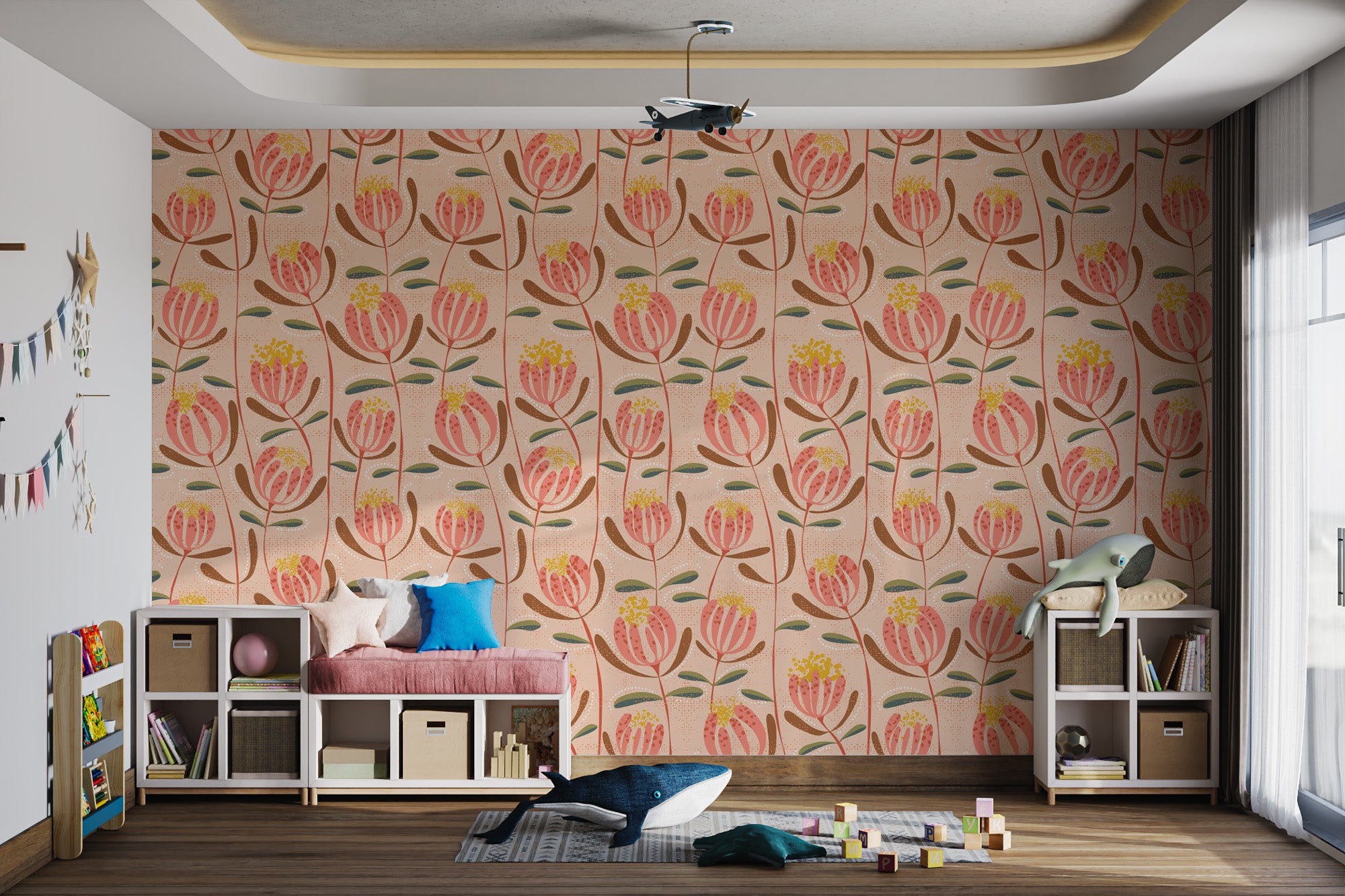 Sophisticated peachy floral wallpaper for interiors