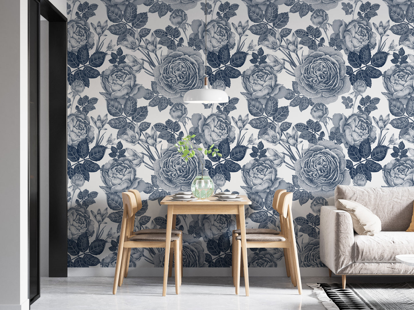 Classic floral dark blue wallpaper print
