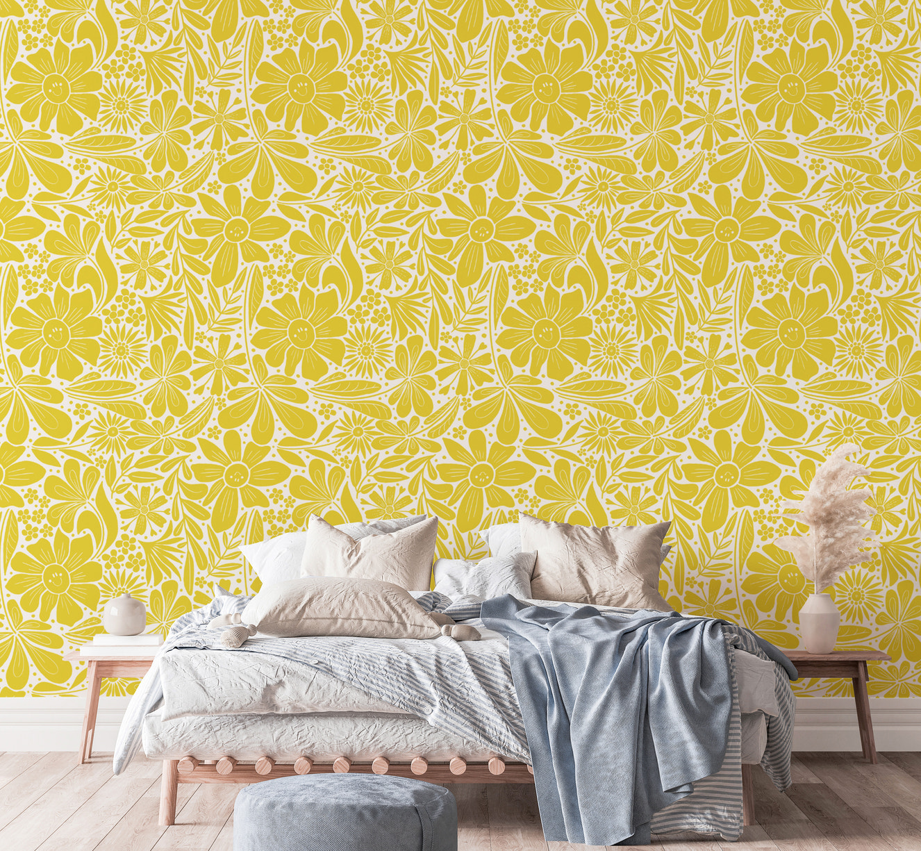 Cheerful happy blooms yellow wallpaper with vibrant floral designs.
