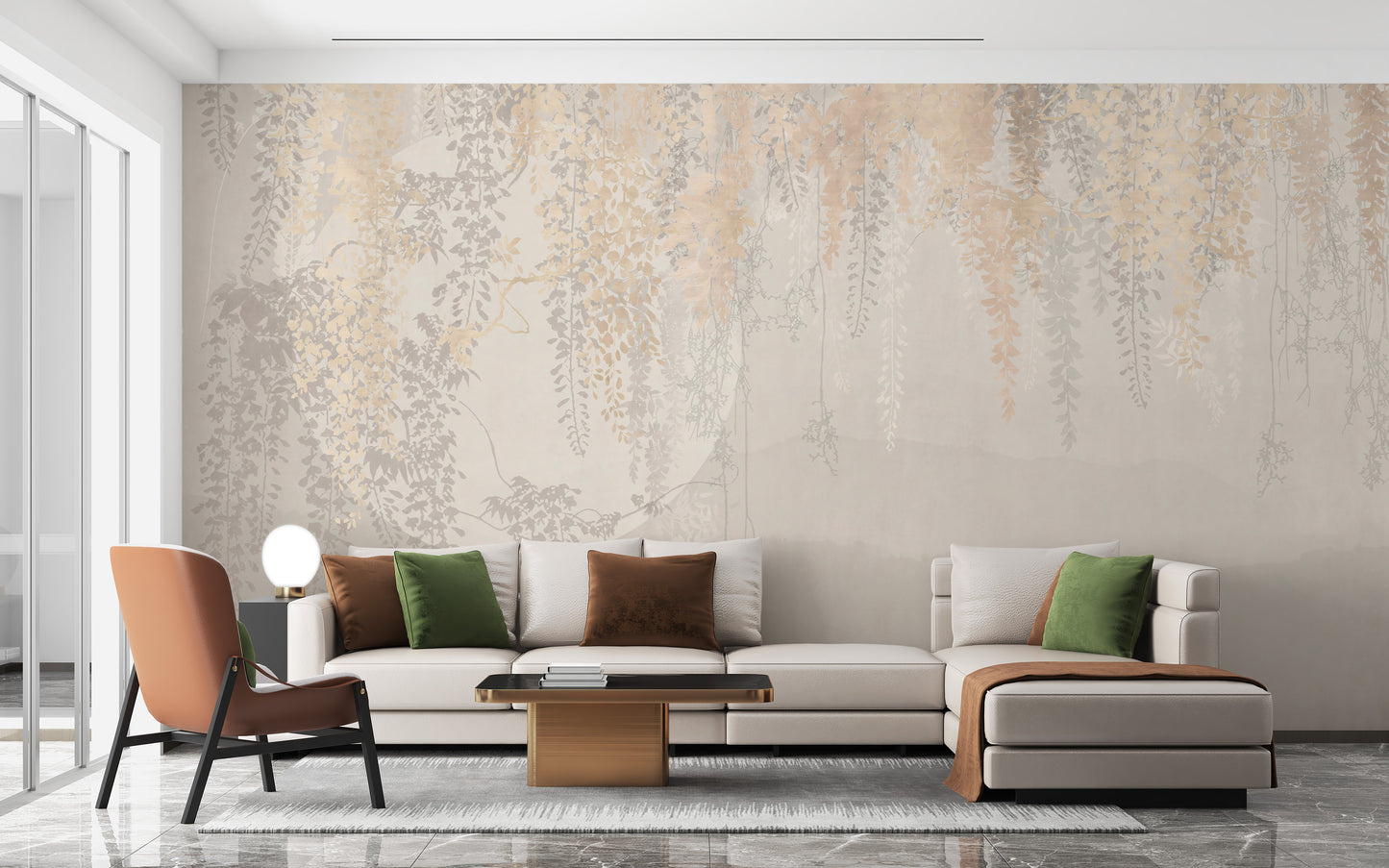 Golden and Grey Hanging Leaves Wallpaper Murals - Giffywalls