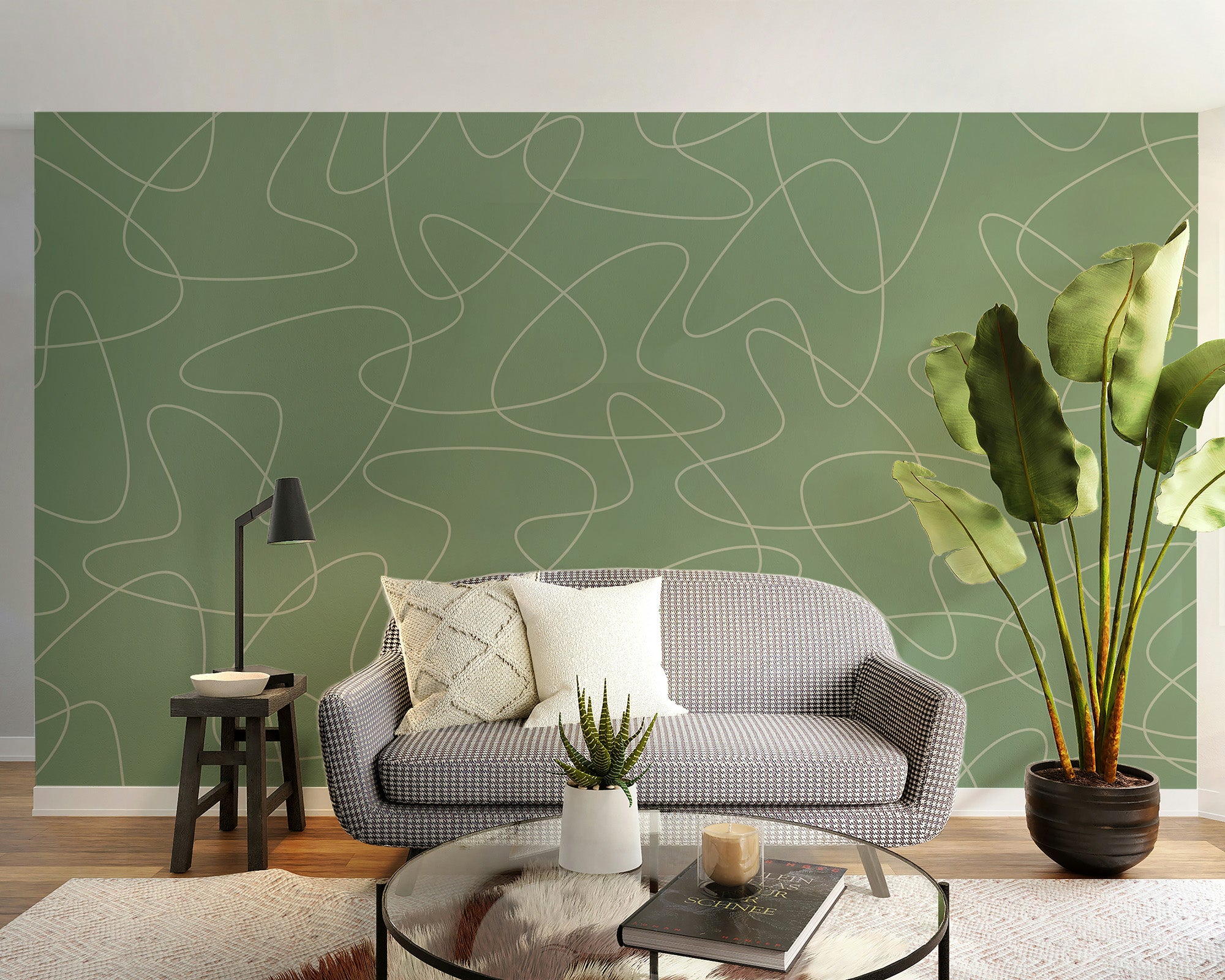 Vintage-inspired green boomerang pattern wallpaper