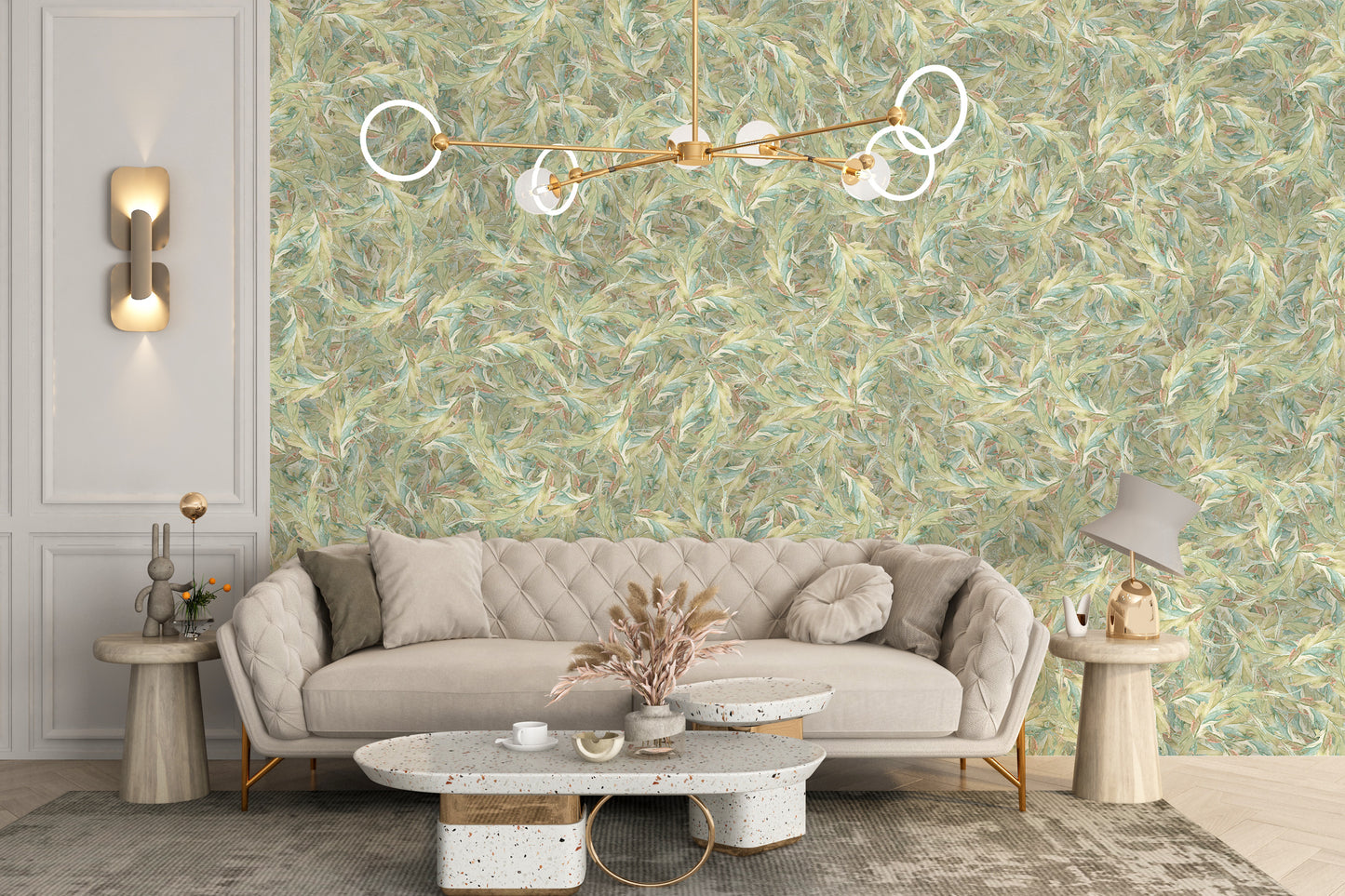 Dancing green leaves in mural-style wallpaper
