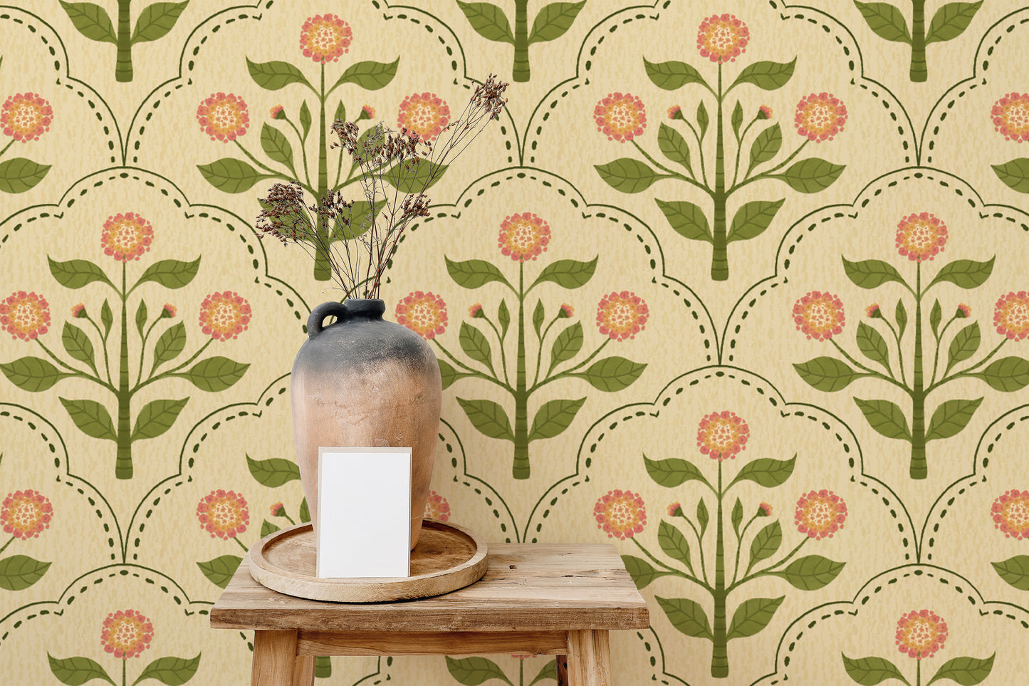 Beige wallpaper with pink flowered plant designs
