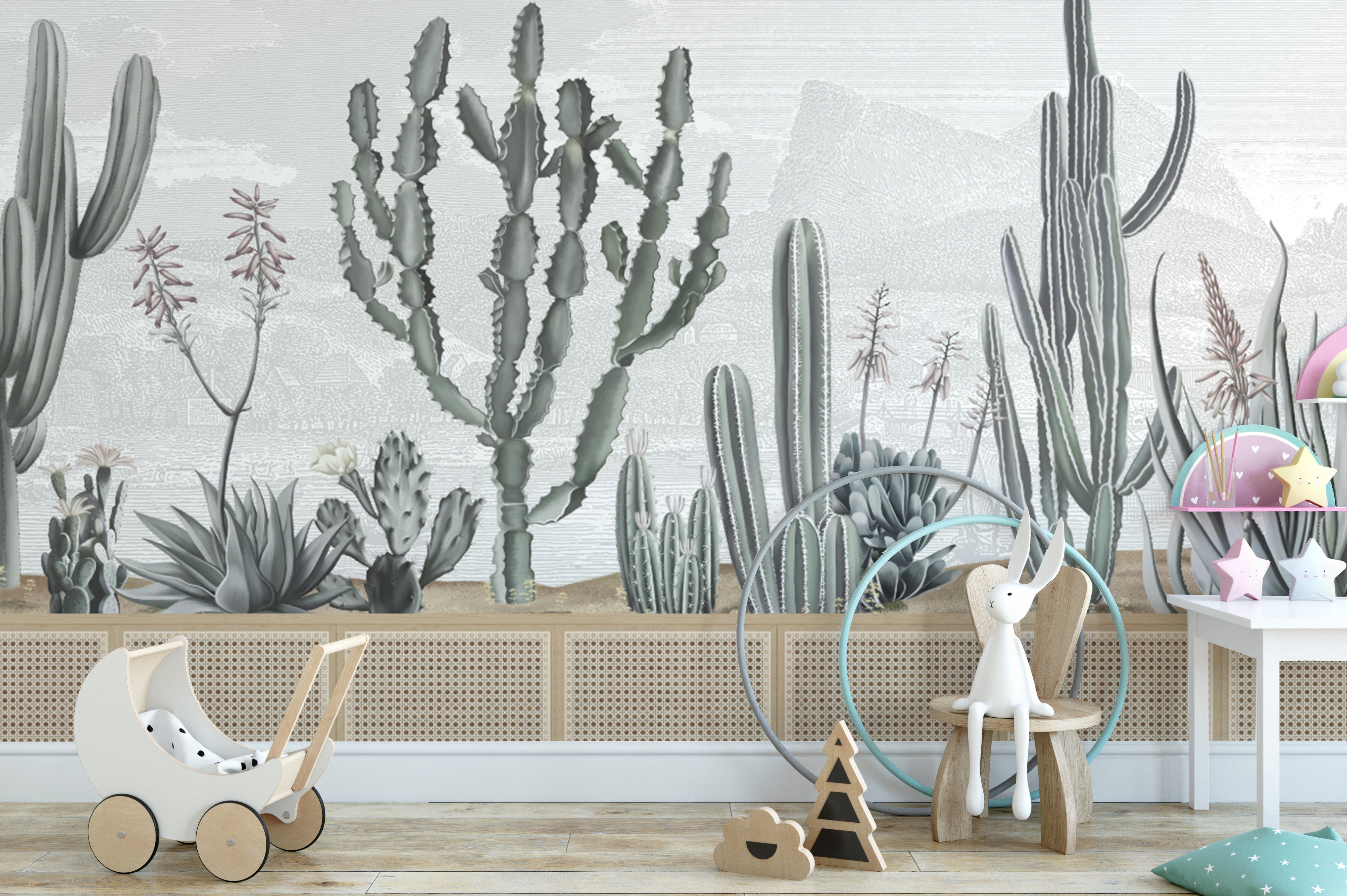 Desert botanical wall mural with hand-drawn cacti
