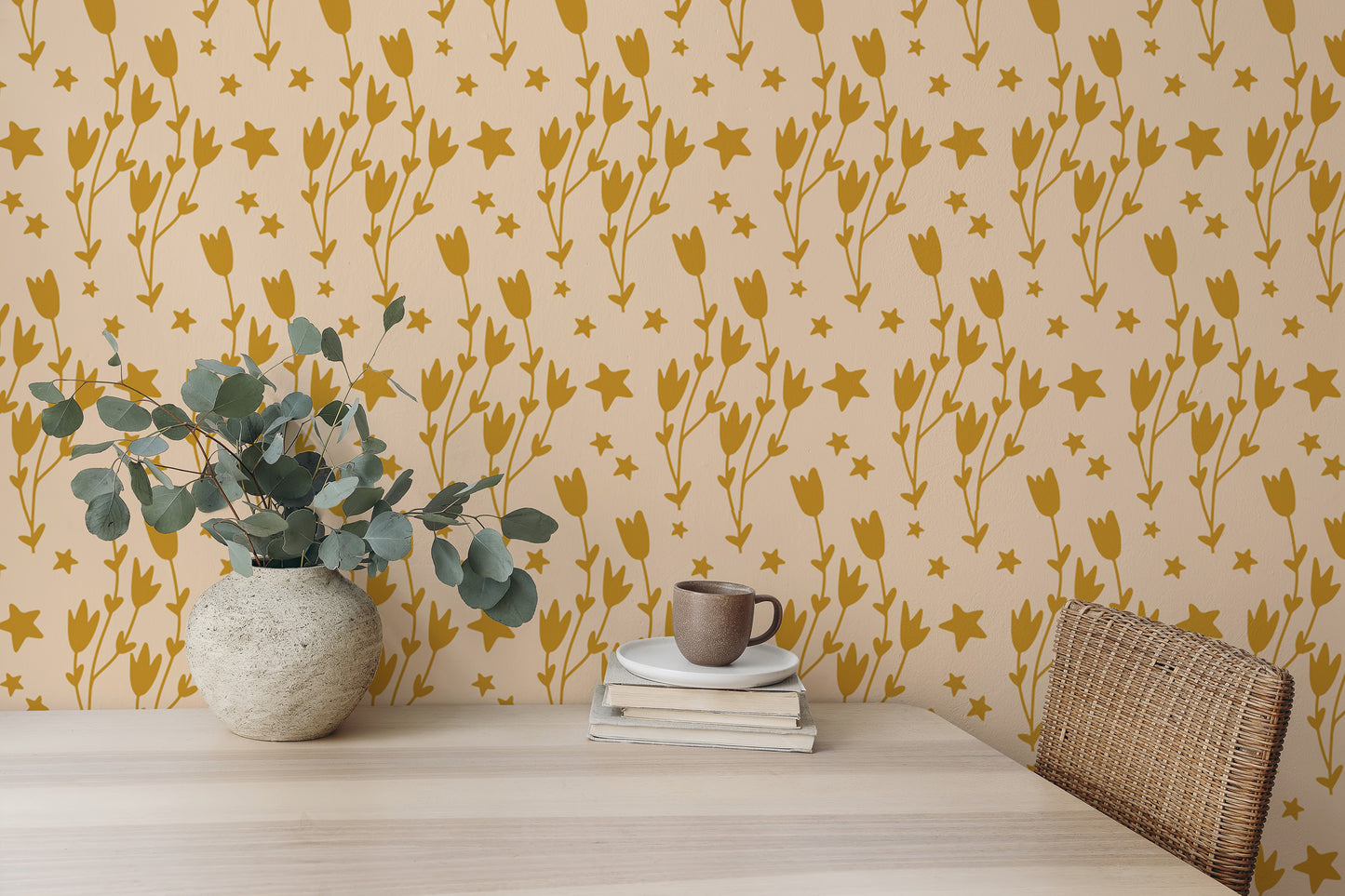 Floral star wallpaper in yellow for cozy rooms
