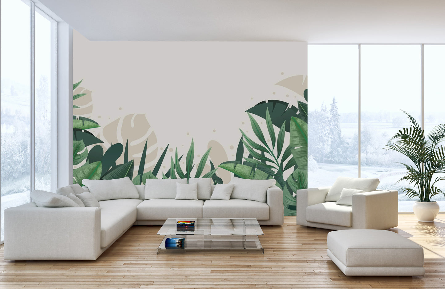 Green Beige Tropical Leaves Wallpaper Mural