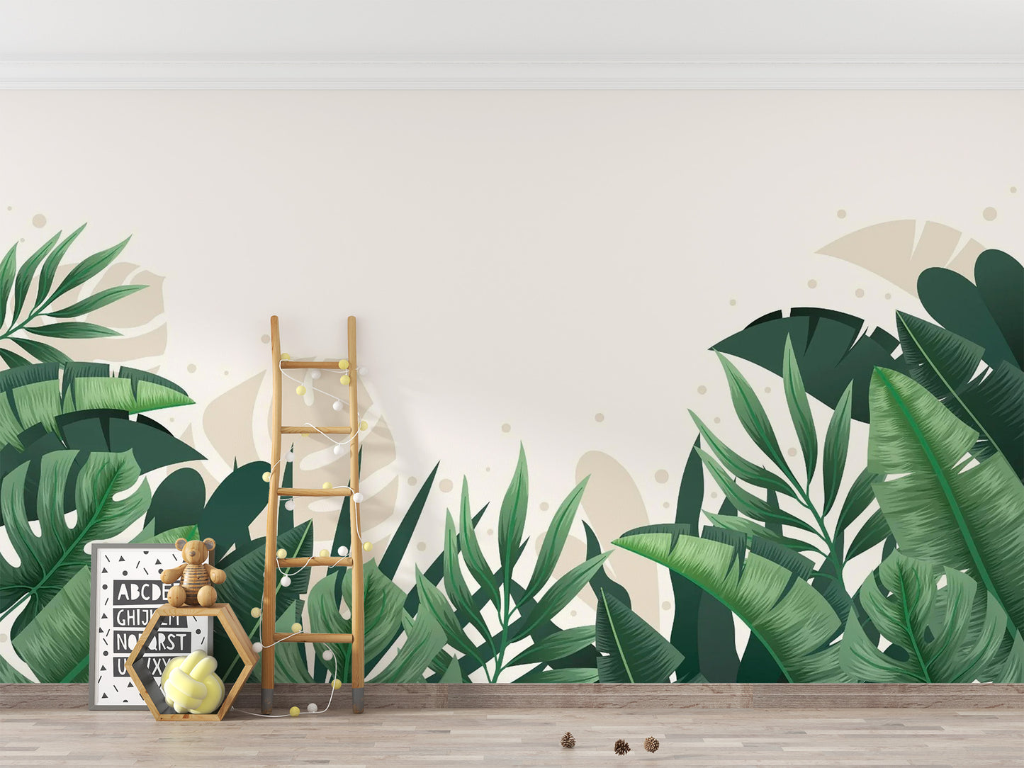 Green Beige Tropical Leaves Wallpaper Mural - Giffywalls