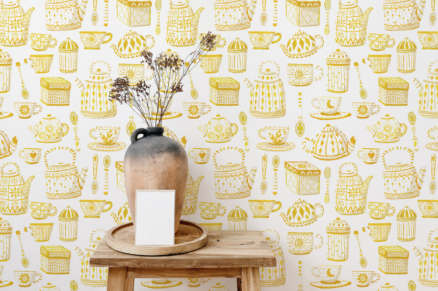 Charming yellow tea set wallpaper for a cozy kitchen vibe.
