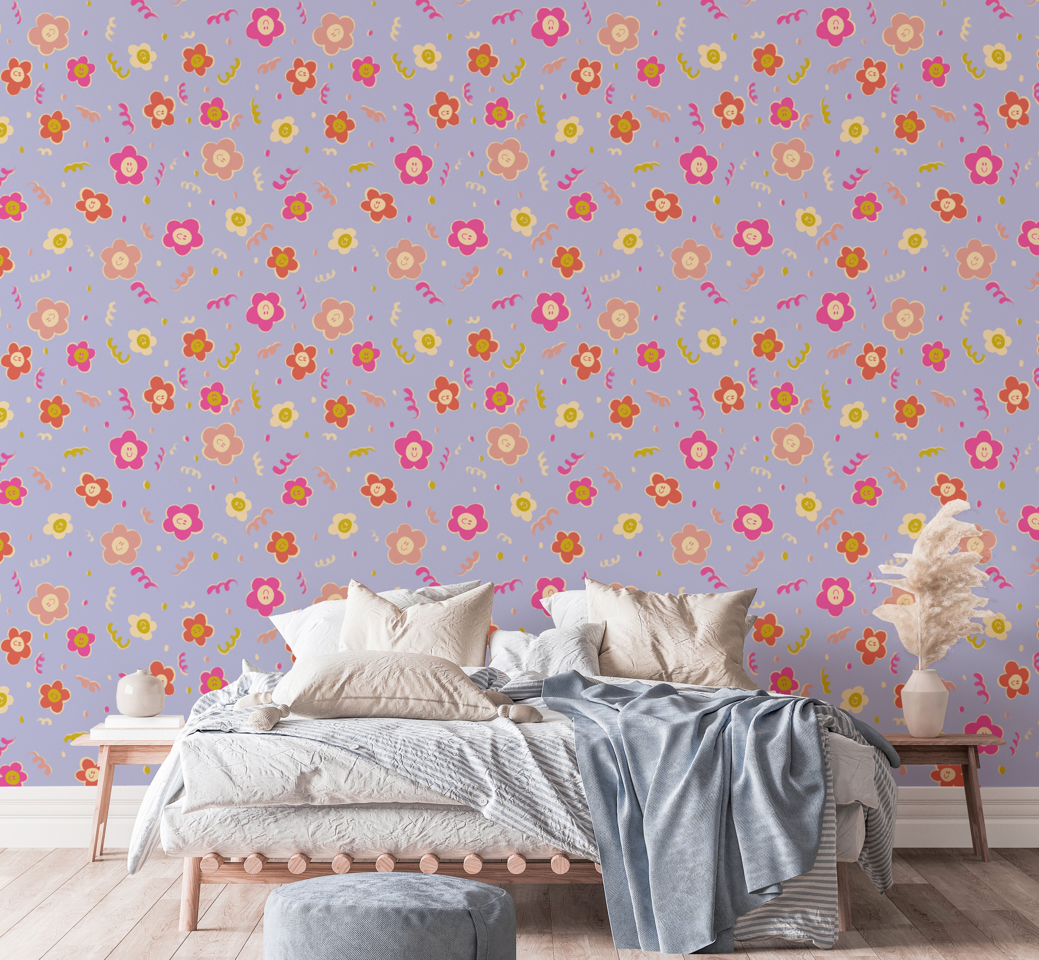 Vibrant smiley blooms wallpaper for fun and lively interiors.
