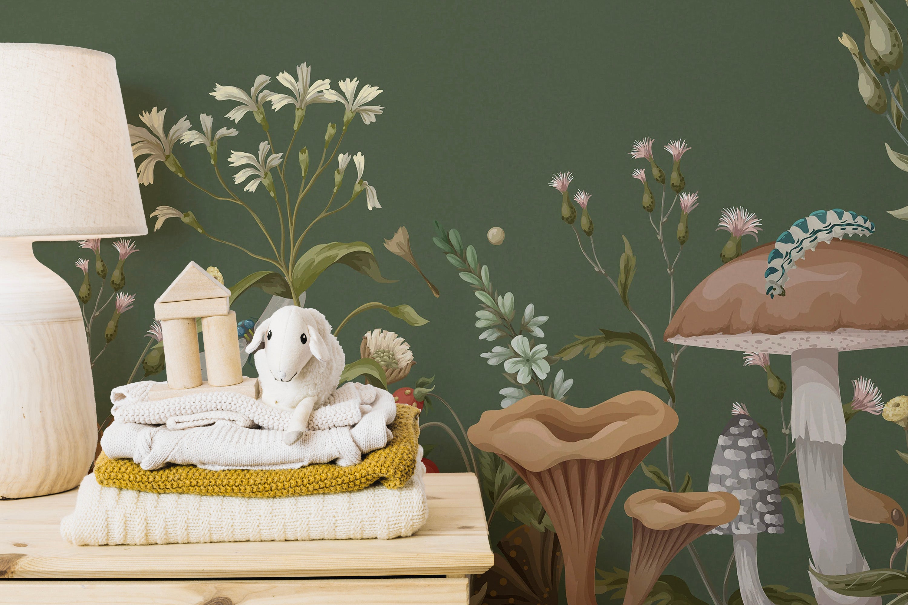 Green Mushroom Garden Wallpaper Mural for playful walls
