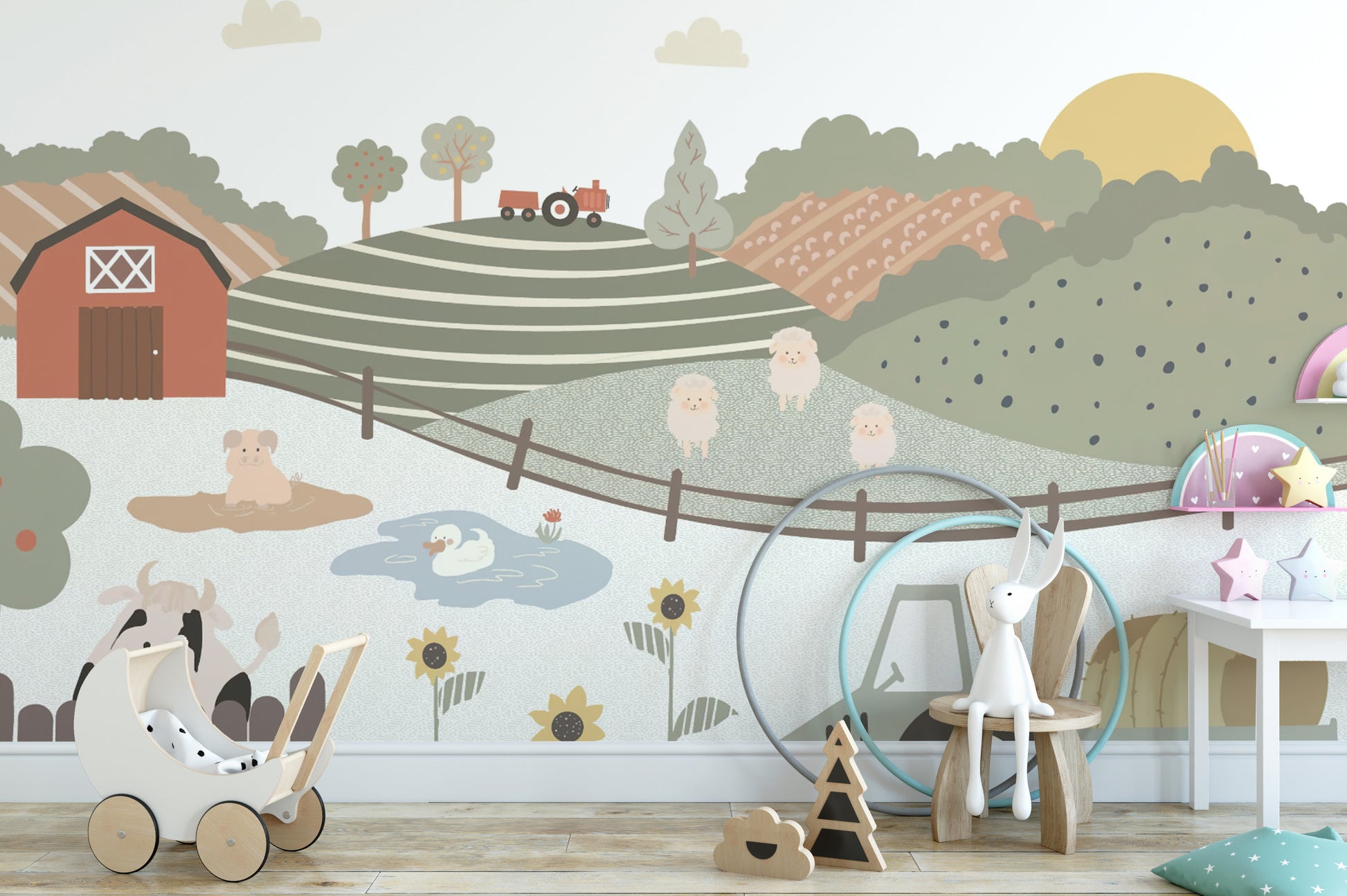 Cozy farmhouse wall mural with a charming farm scene
