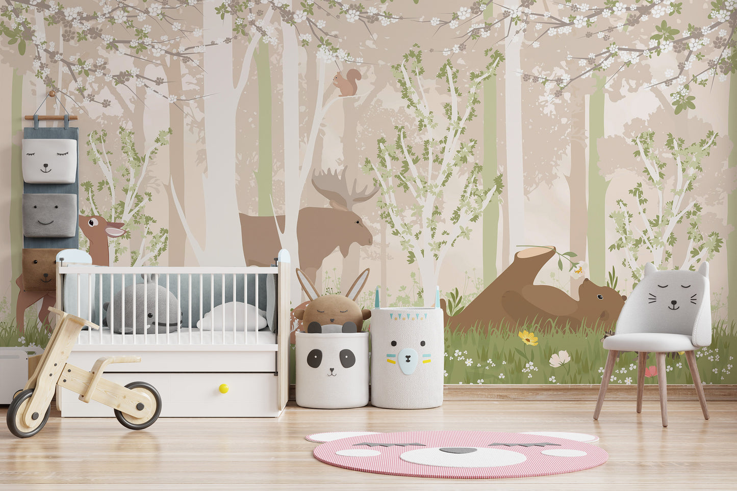 Kids Woodland Friends Mural creates a cozy nursery vibe