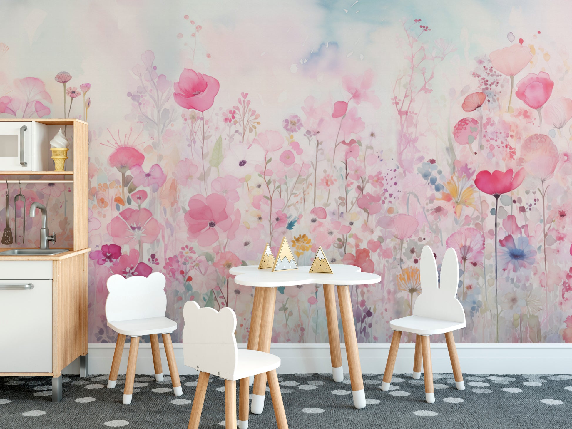 Cheerful watercolor happy flowers pink wallpaper for a playful, cozy room.
