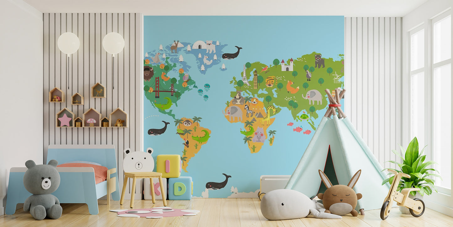 Kids World Map Animal Wallpaper Mural