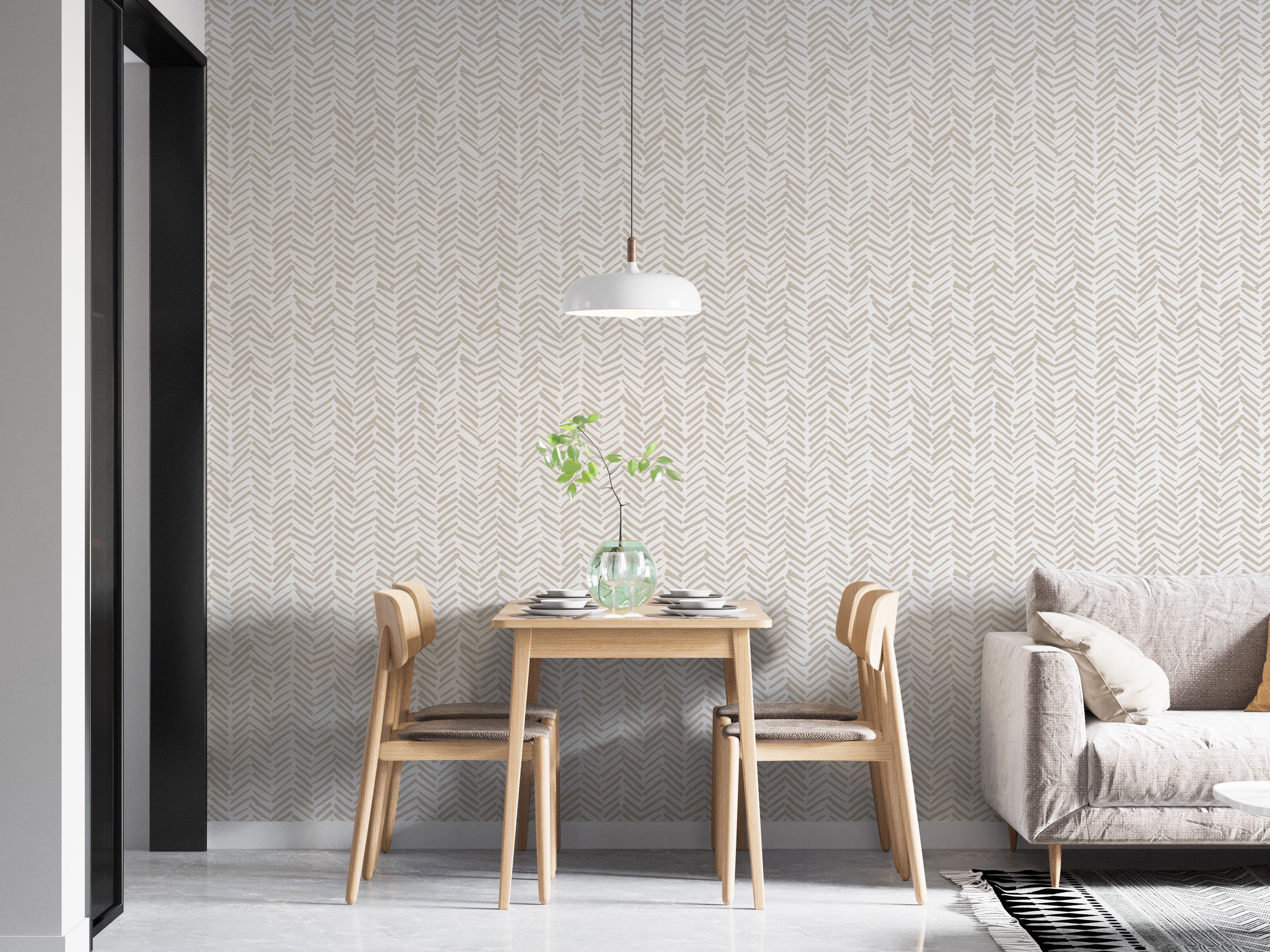 Beige herringbone pattern accent wallpaper