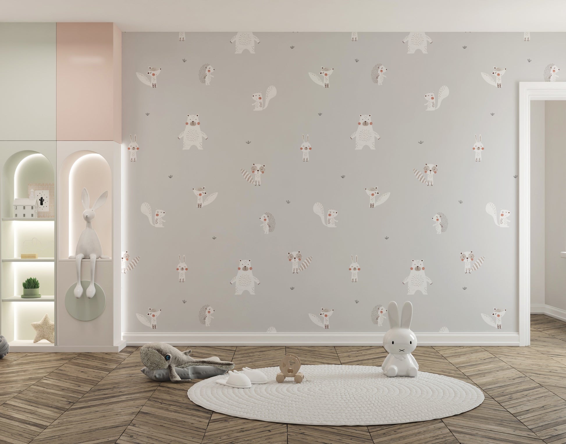 Adorable cream forest animals wallpaper for kids' rooms.
