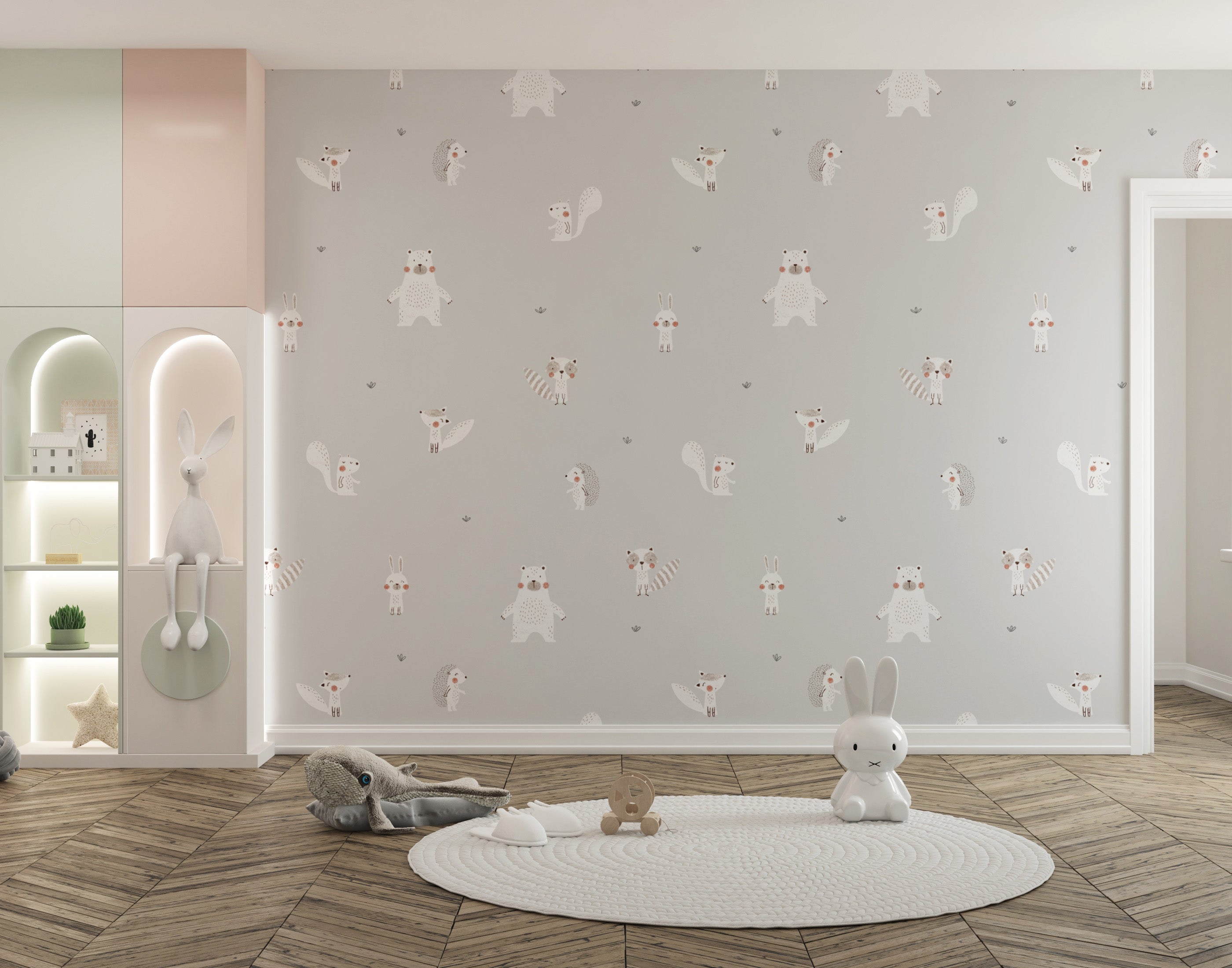 Adorable cream forest animals wallpaper for kids' rooms.
