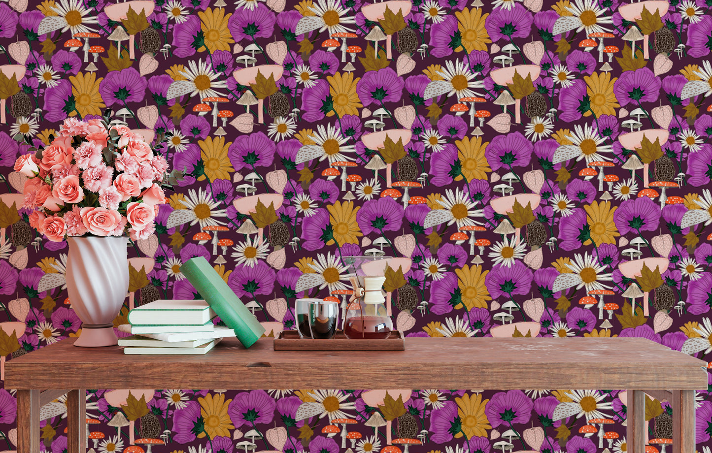 Beautiful Wild Flowers and Mushrooms Purple Wallpaper