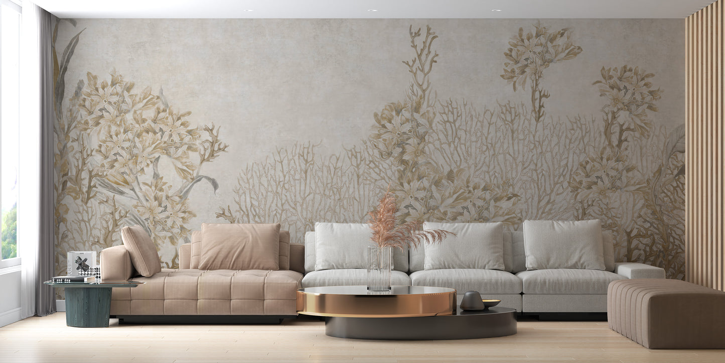 Monotone Sepia Flowers Shaded Wallpaper Murals