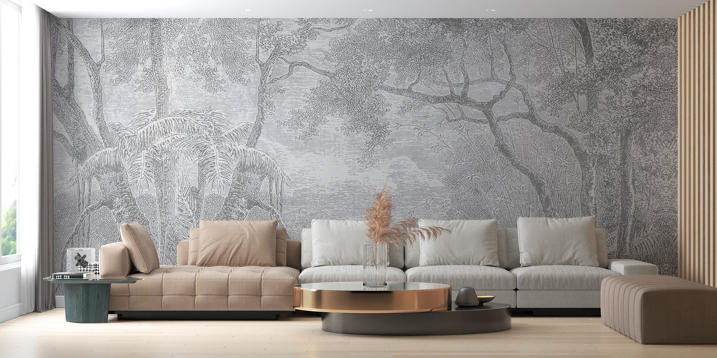 Gray Color Sketch Forest Wallpaper Murals for a Natural Look