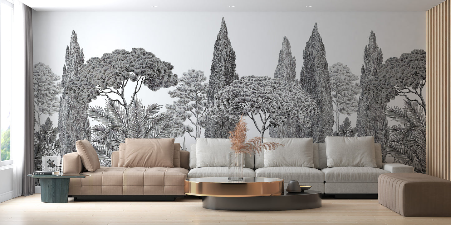 Subtle deodar tree tones wall mural design
