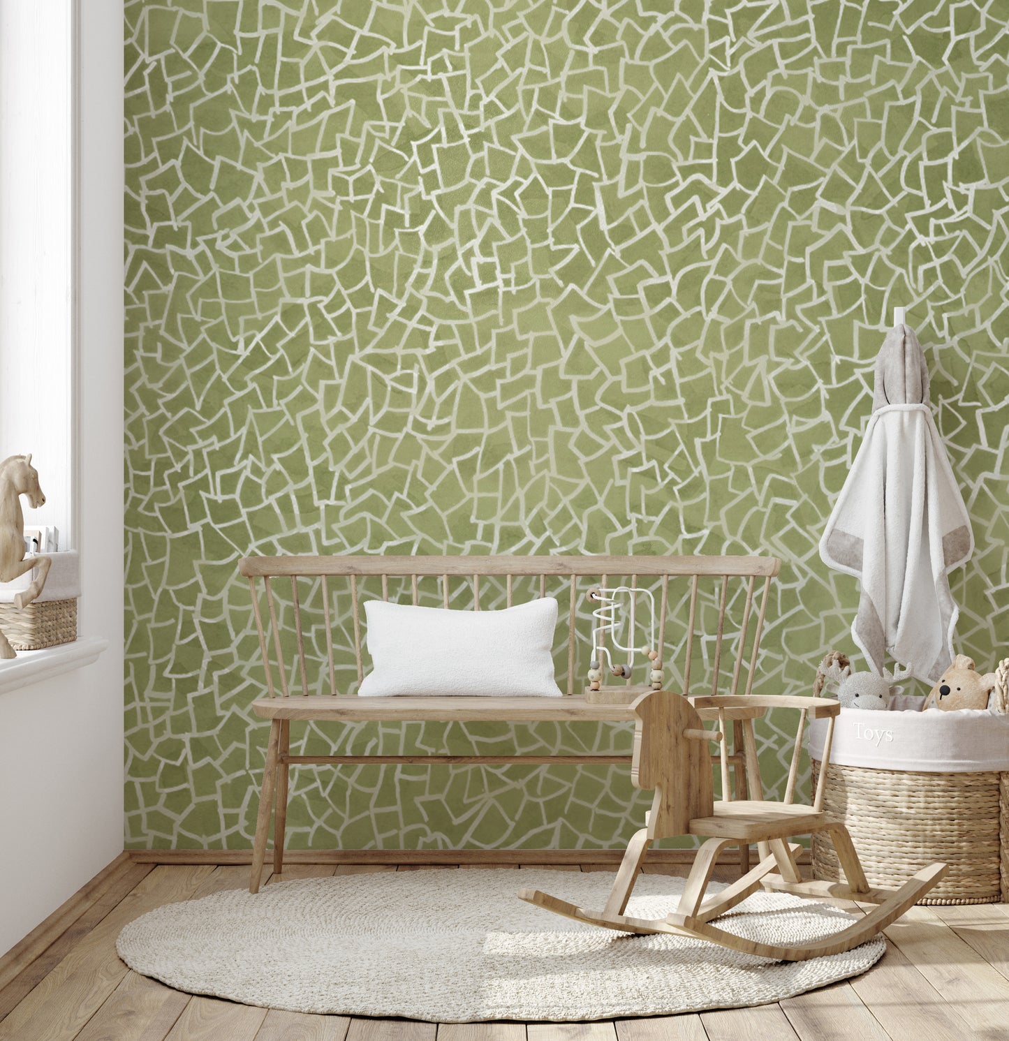 Green and white mosaic wallpaper mural with abstract patterns.
