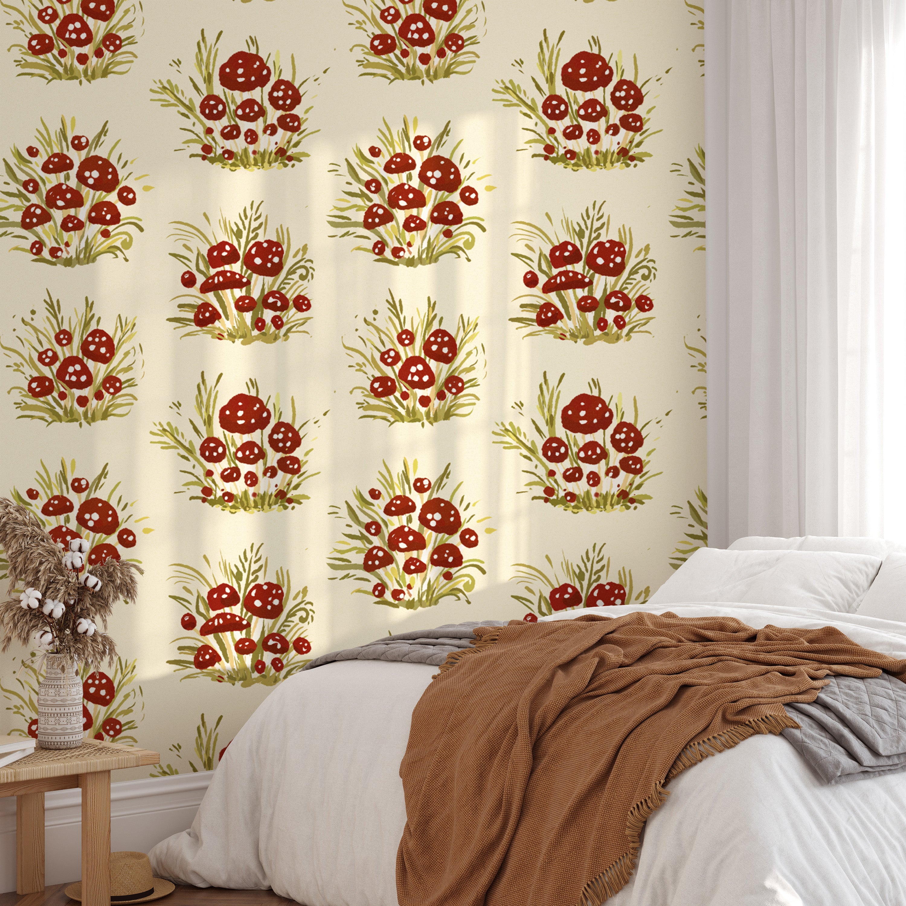 Whimsical light mushroom millefleurs wallpaper for playful decor.
