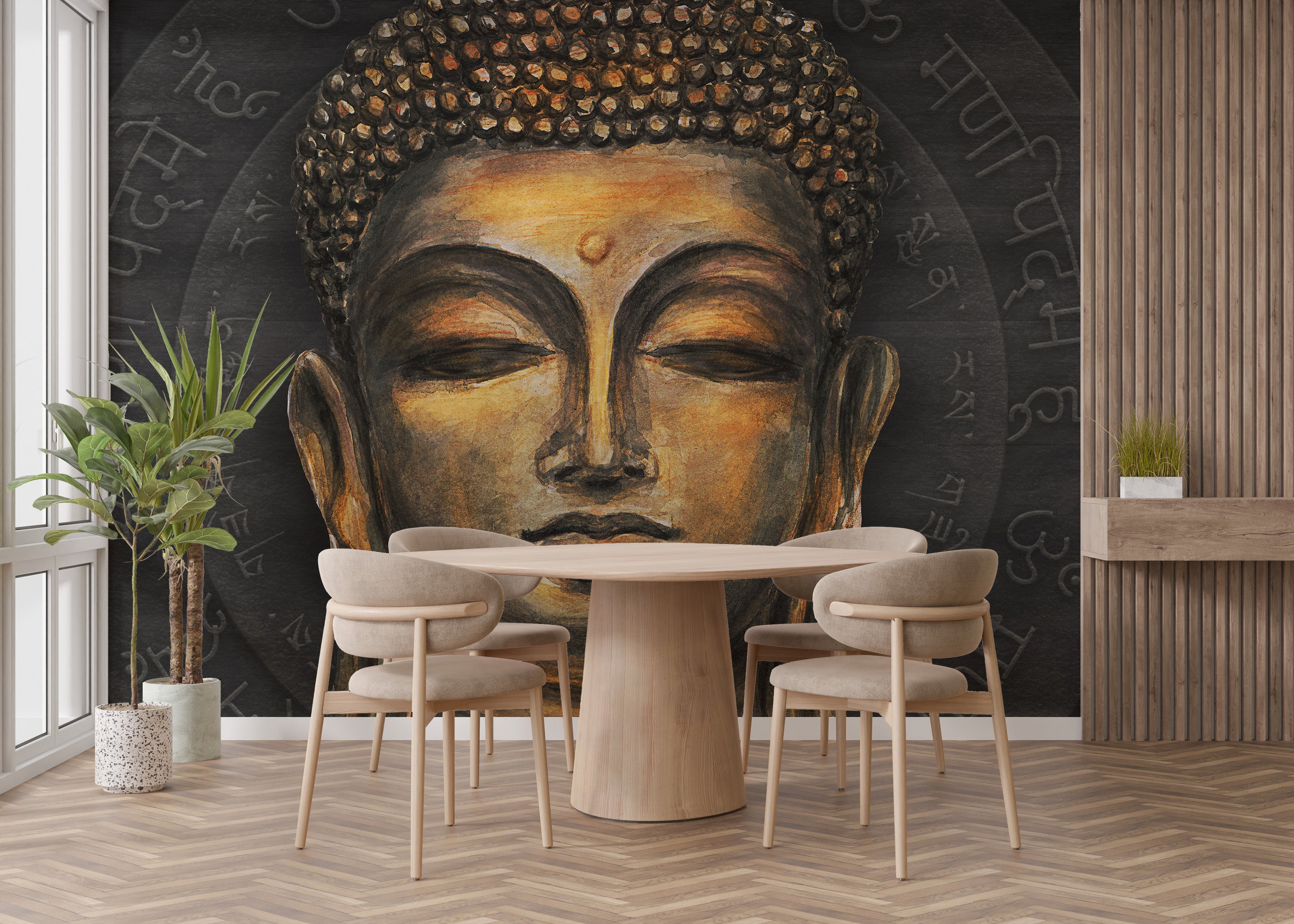 Golden Buddha mural with script halo
